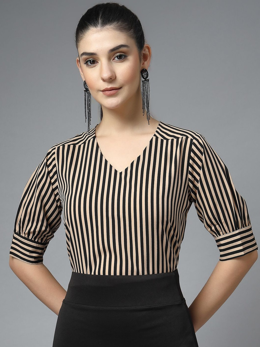 Style Quotient Striped V-Neck Puff Sleeve Top