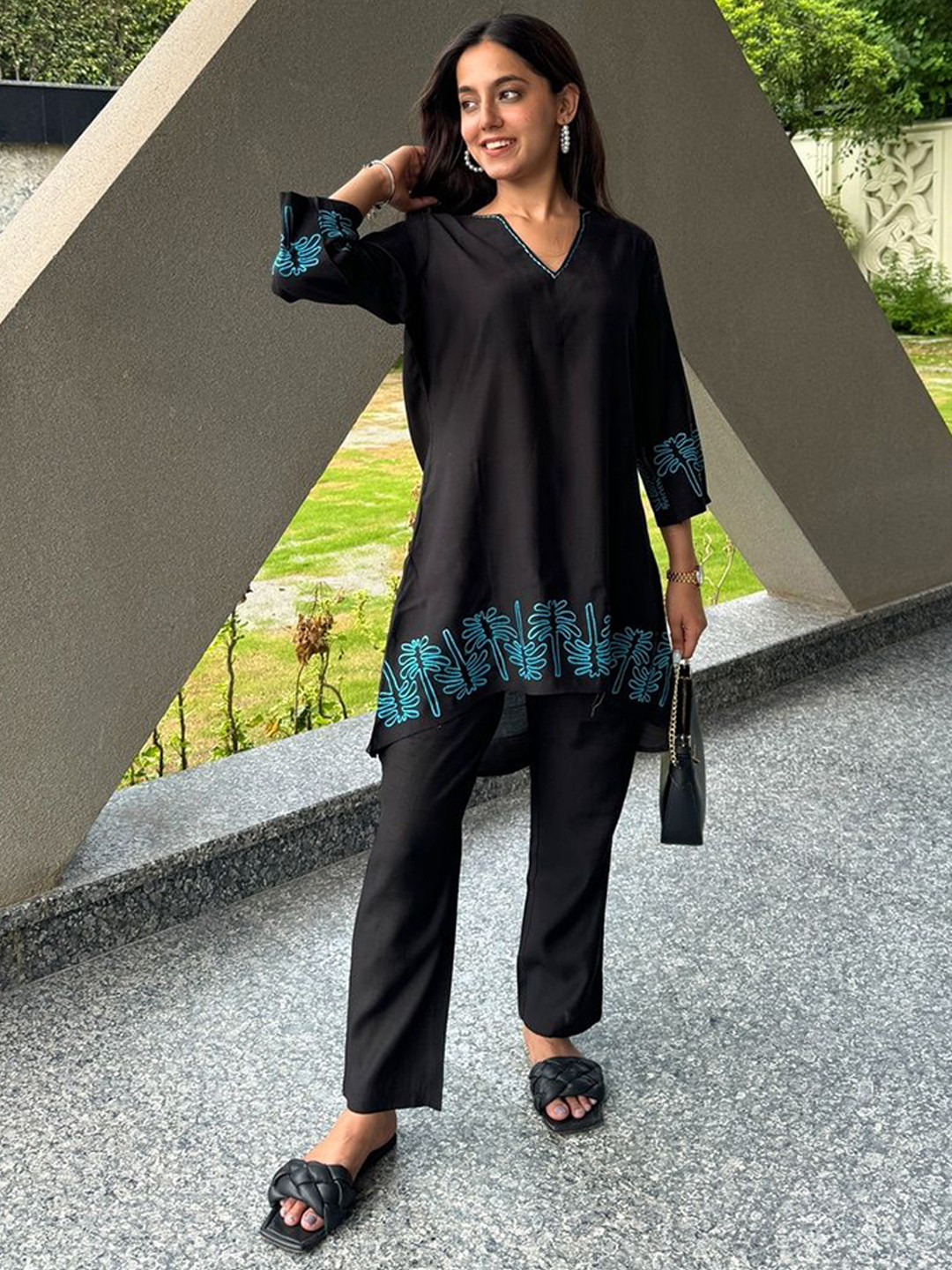 Blooming Tales Embroidered V-Neck Top & Trousers