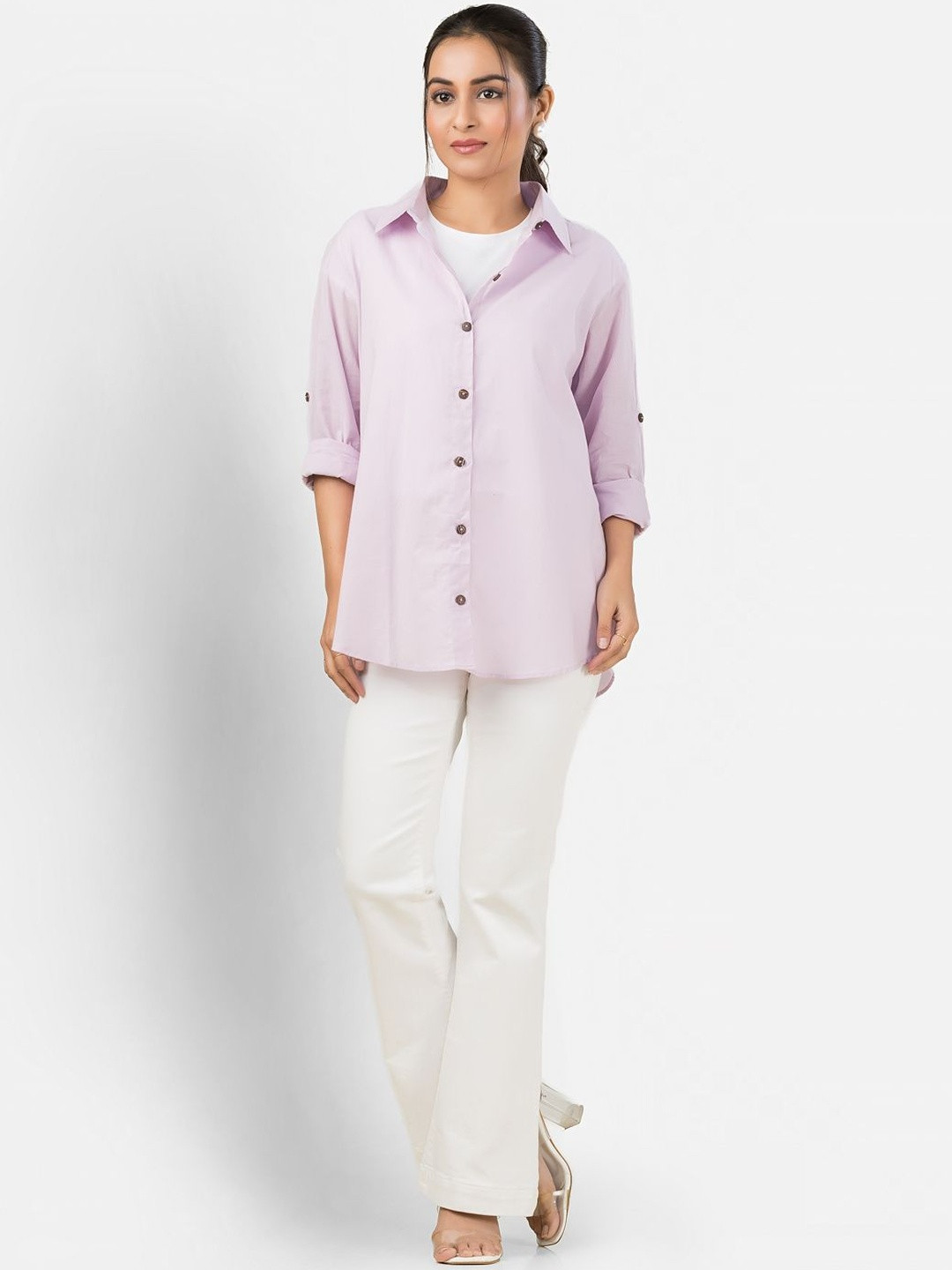 Crazy Needle Women Roll-Up Sleeves Cotton Shirt Style Top