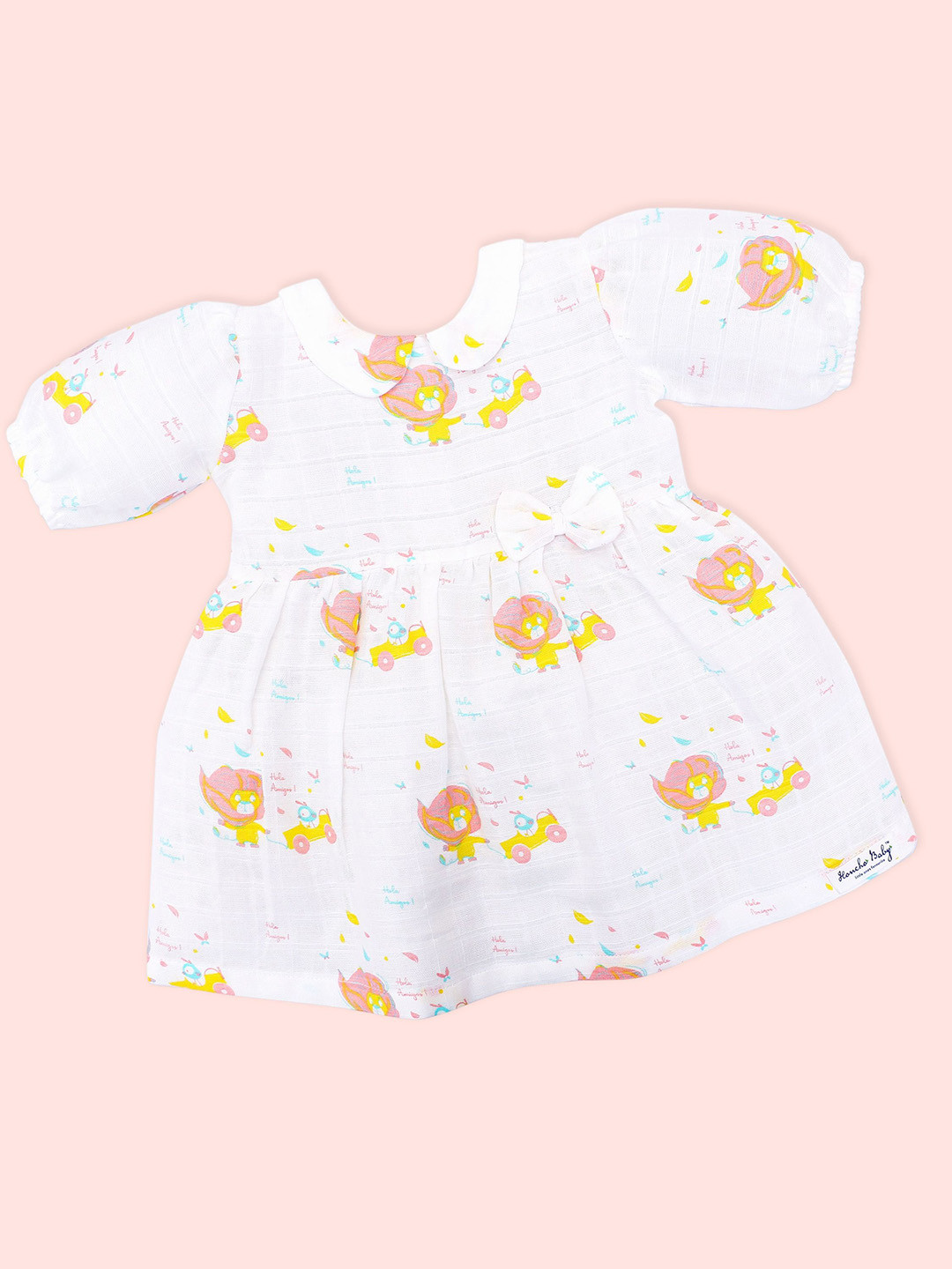 Honcho Baby Print Girls Peter Pan Collar Puff Sleeve Organic Cotton Fit & Flare Dress
