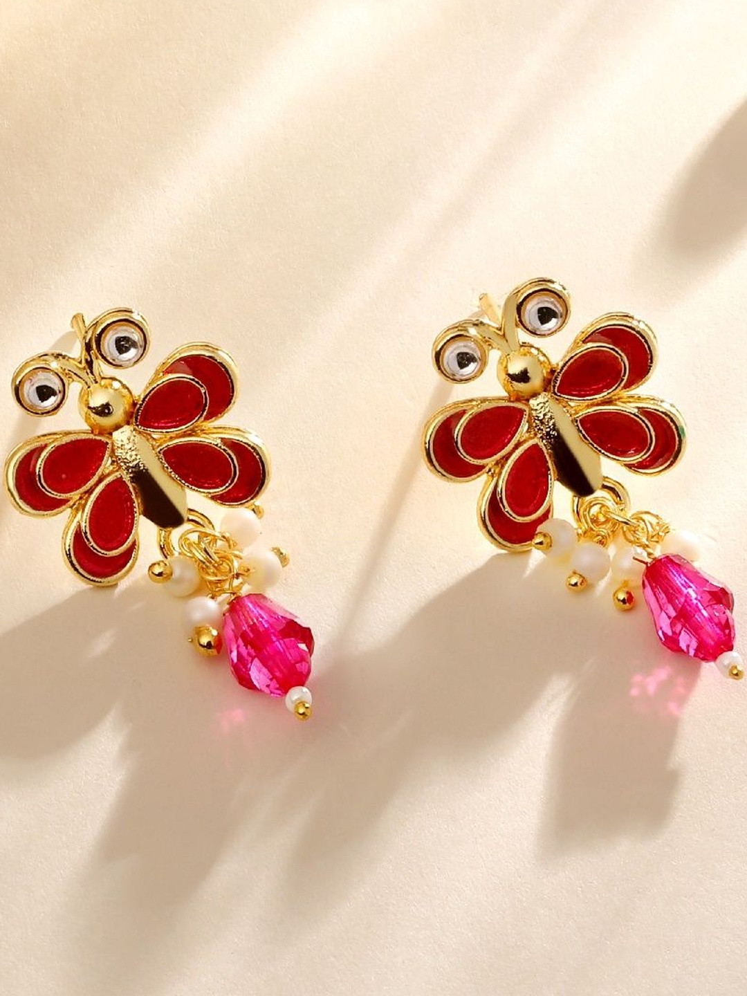 Stefan Gold-Plated Kundan Studded And Pearls Beaded Butterfly Shaped Drop Earrings