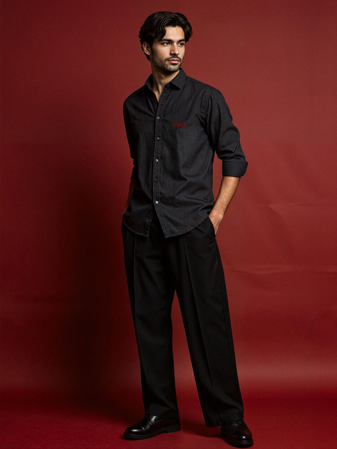 Shop Football Devils Linen Blend Spread Collar Regular Fit Shirt