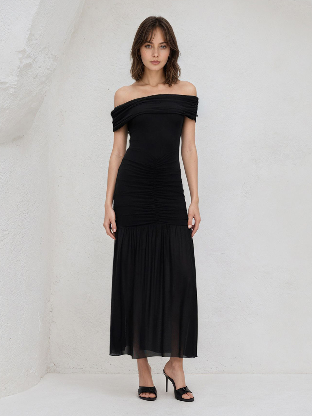 StyleCast x Revolte Women Pleated Off-Shoulder Fit & Flare Maxi Dress