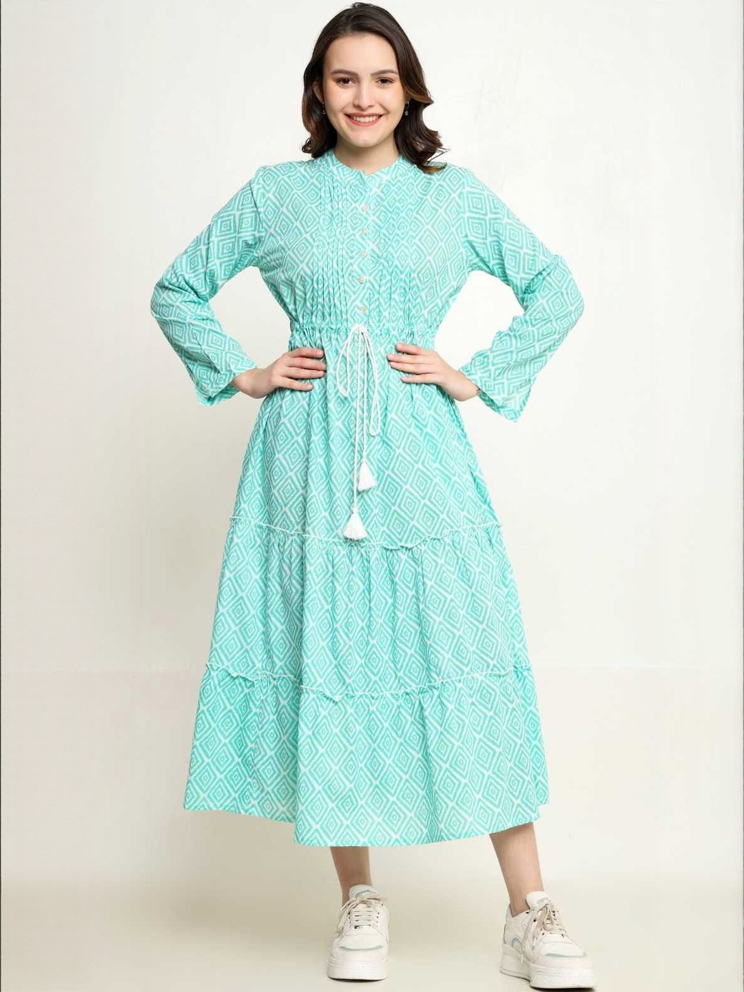 Mollar Hand Block Printed Full Sleeve Fit & Flare Midi Dress