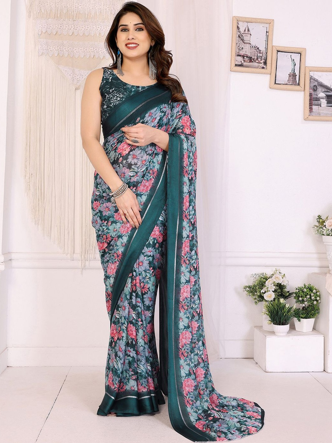 DIVASTRI Womens Green Silk Blend Printed Saree With Unstiched Blouse Piece