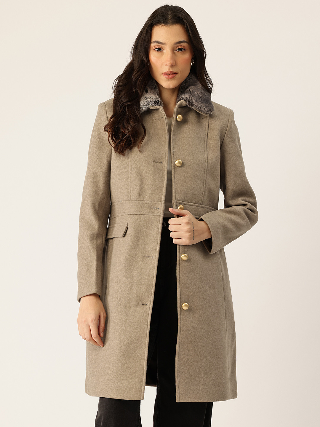 Okane Faux Fur Collar Single-Breasted Parka Coat