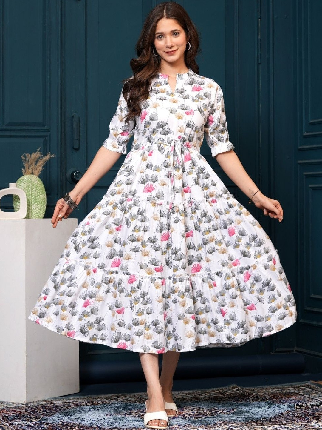 TEESHA Women Floral Printed Keyhole Neck Puff Sleeve Fit & Flare Midi Dress