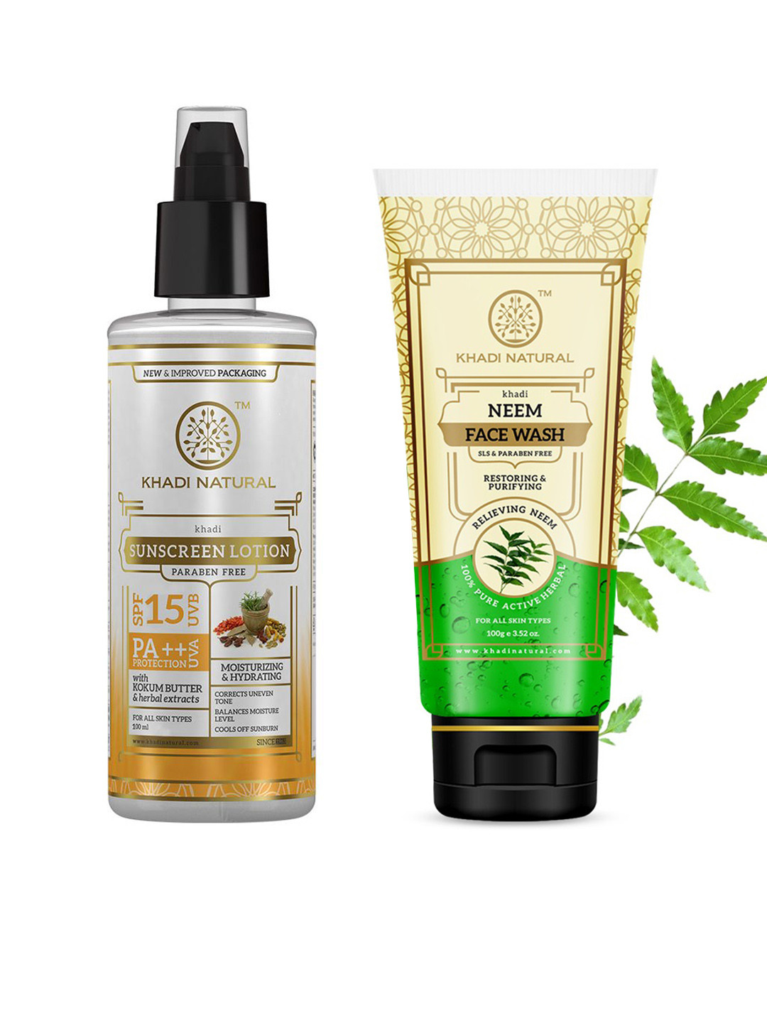 Khadi Natural Set of Neem Herbal Face Wash 100g & Sunscreen SPF15 Lotion 100ml