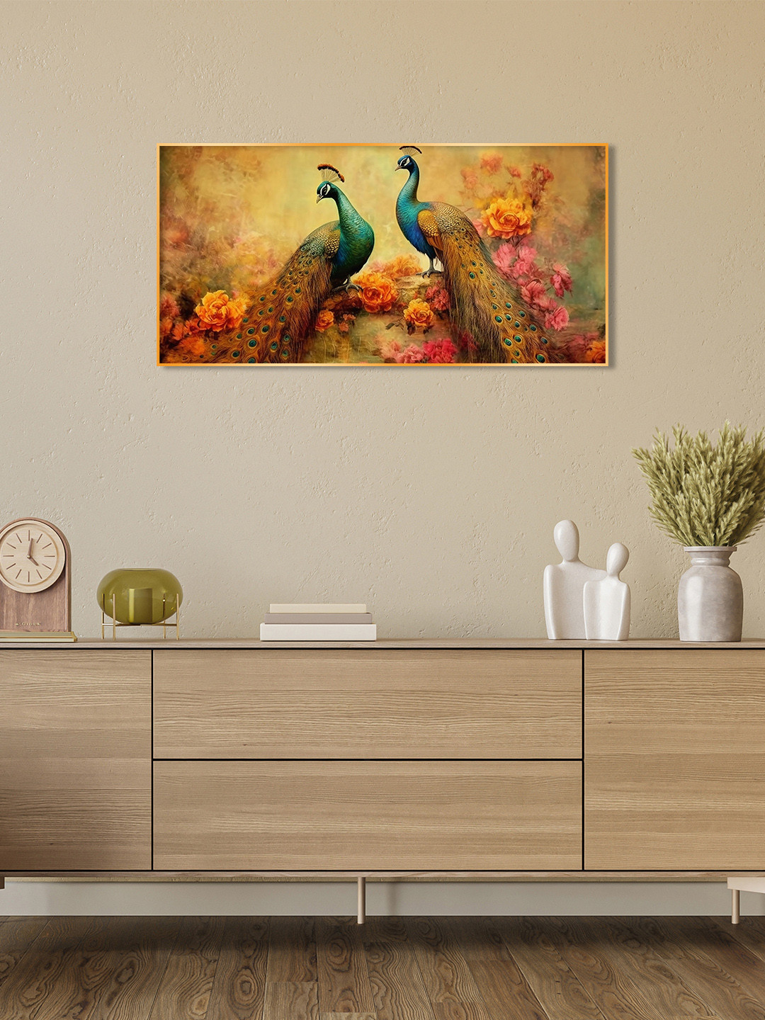 THE NEXT DECOR Yellow Two Peacock With Flower Background Glass Finish Horizontal Wall Art