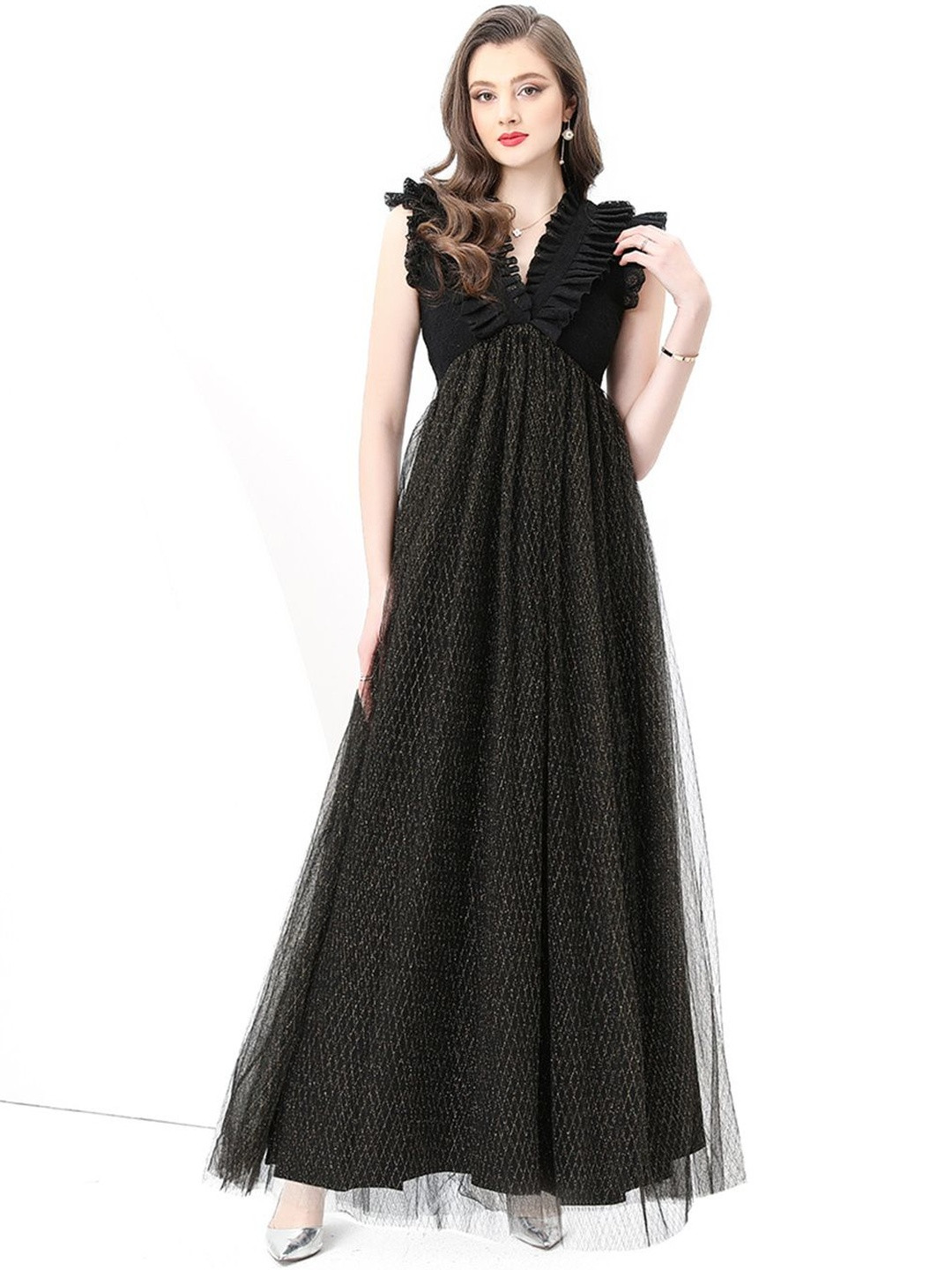 JC Collection Women Embellished V-Neck Ruffled Maxi Gown Dress