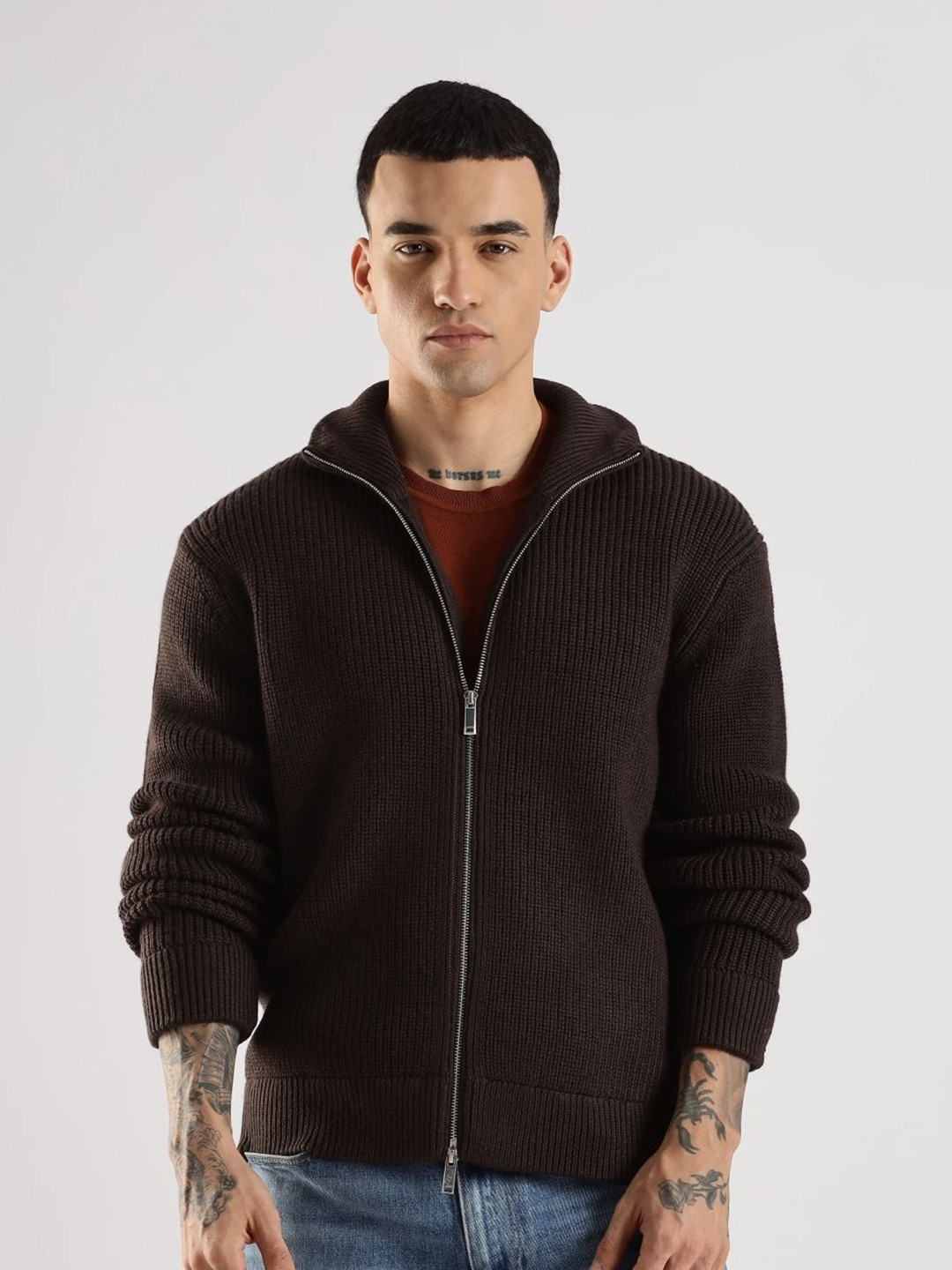 Calvin Klein Jeans Men Ribbed High Neck Full Sleeve Zip Front Open Sweater