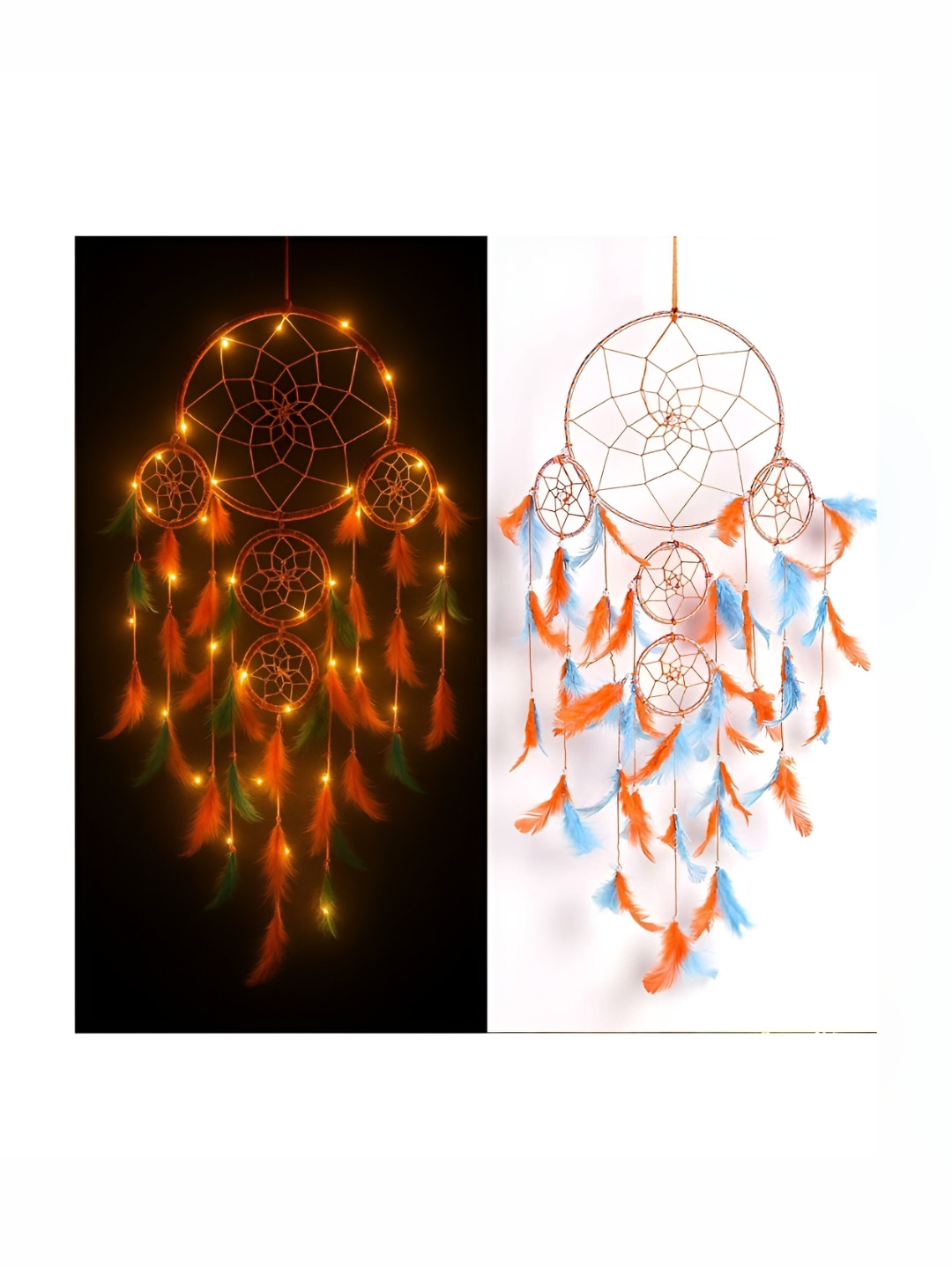 DULI Orange-Colored & Blue Textured Dream Catcher Wall Hanging With Lights