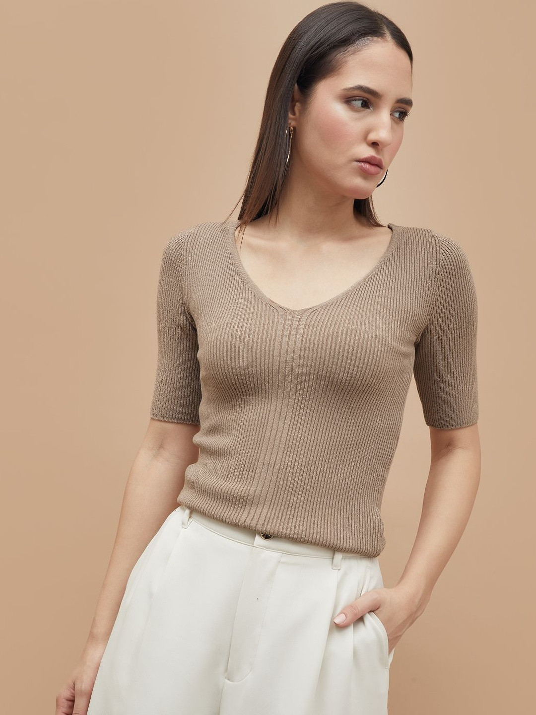 CODE by Lifestyle Women V-Neck Ribbed Top