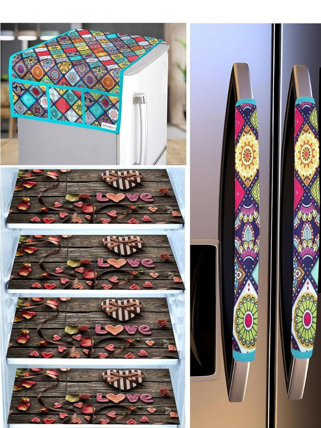 CROSMO Brown & Blue 7 Pcs Printed Waterproof Fridge Mats & Fridge Top & Handle Cover