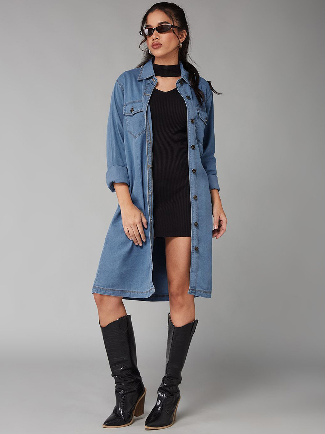 DOLCE CRUDO Women Polo Neck Full Sleeves Denim Knee-Long Jacket