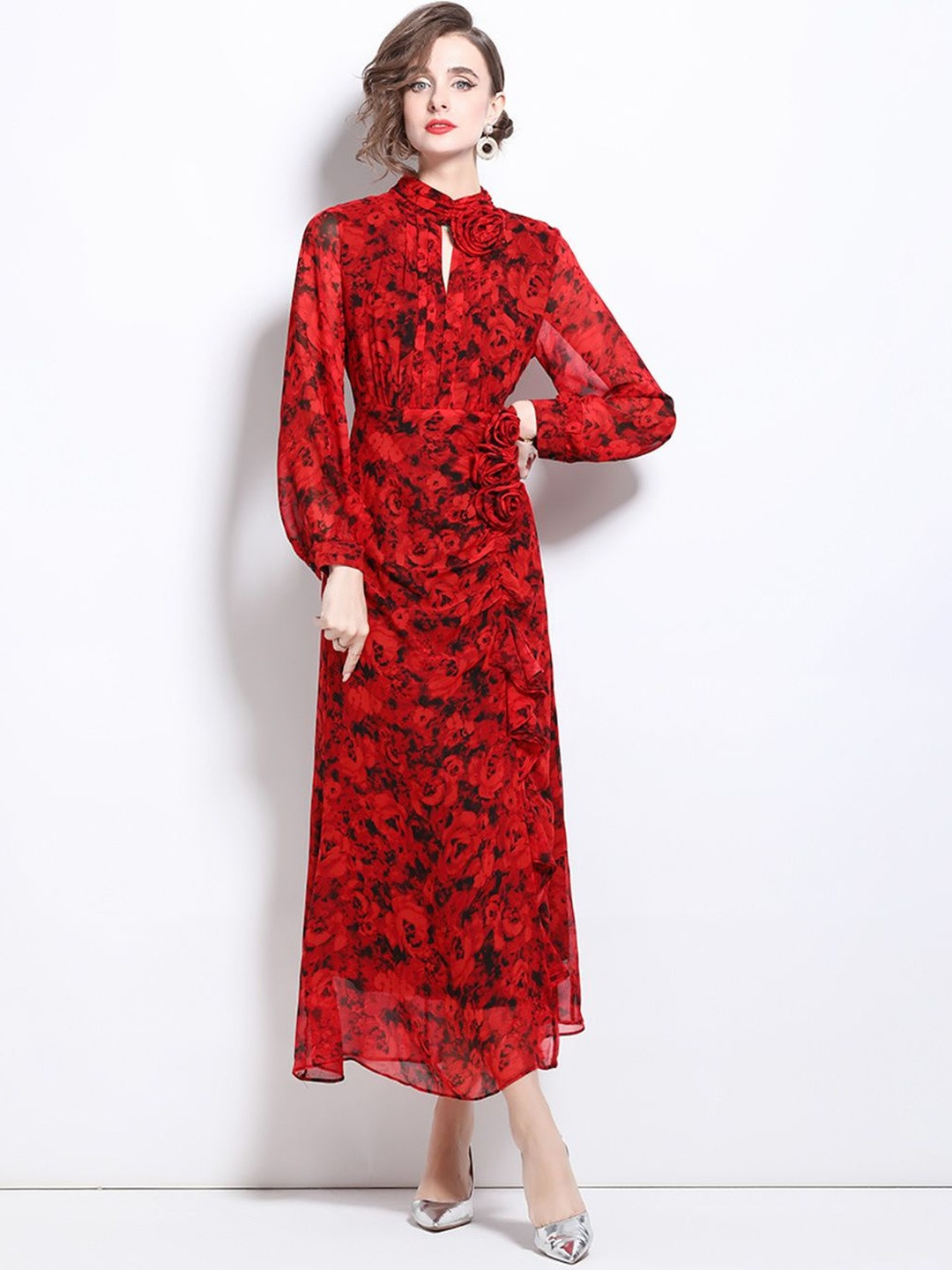 JC Collection Women Floral Printed Applique Slits Mock Neck A-Line Midi Dress