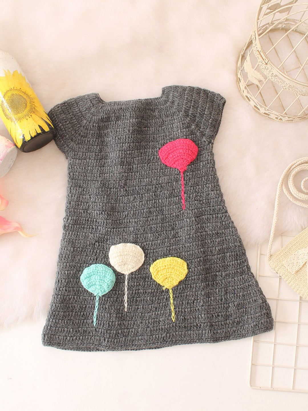 Woonie Girls Balloons Applique Crochet Midi Dress