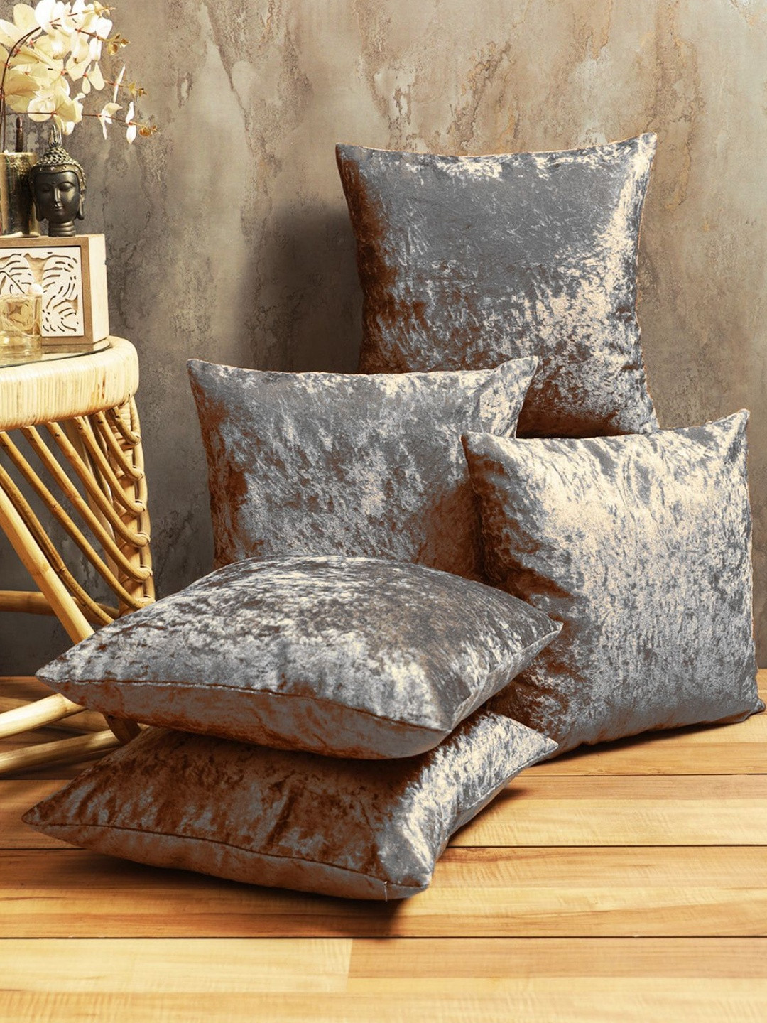 Myntra Elegant Homes Grey Velvet Breathable 5 Pcs Square Cushion Covers 40 cm x 40 cm