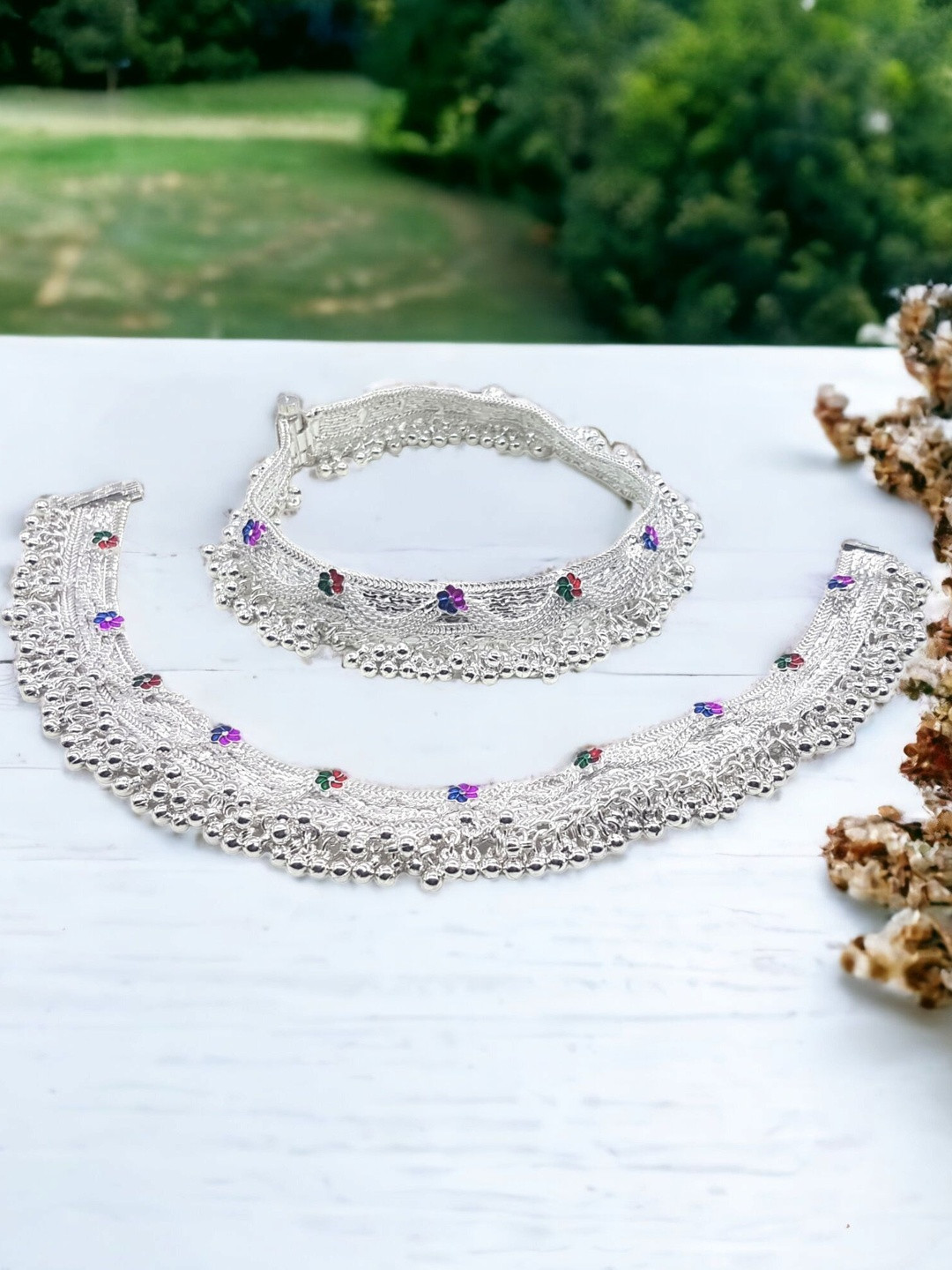 BR Ornaments Women Pair Of Silver-Plated Artificial Stones Anklets