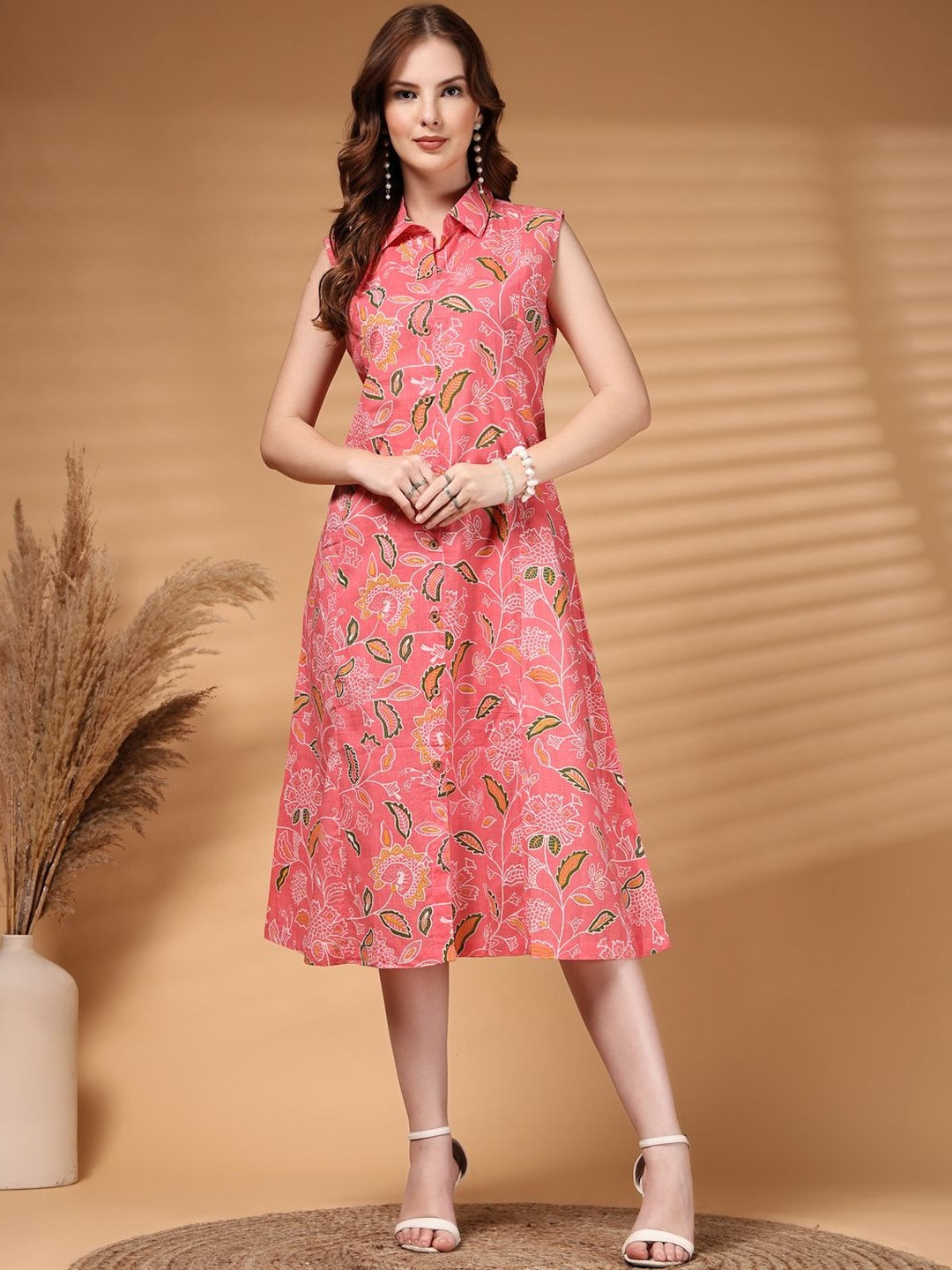 HERE&NOW Women Pink Floral Print Cotton Fabric Sleeveless Calf Length Dress