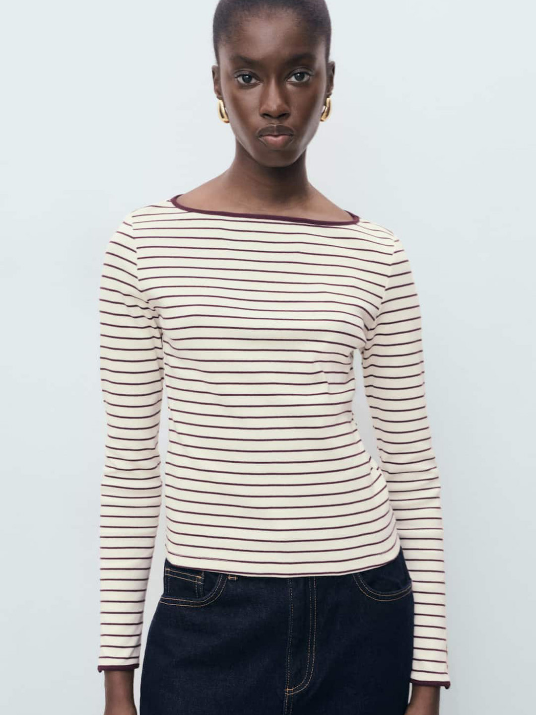 MANGO Boat Neck Striped Pure Cotton T-shirt
