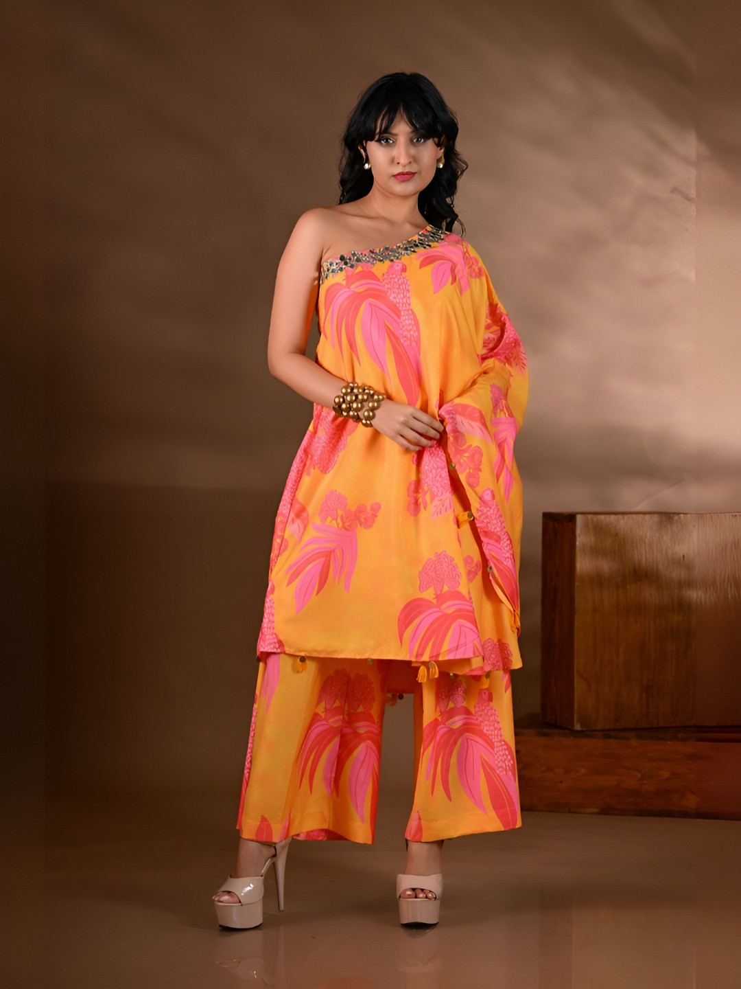 SHOP GULMOHAR Floral Printed One-Shoulder Mirror Work Straight Kurta With Palazzos