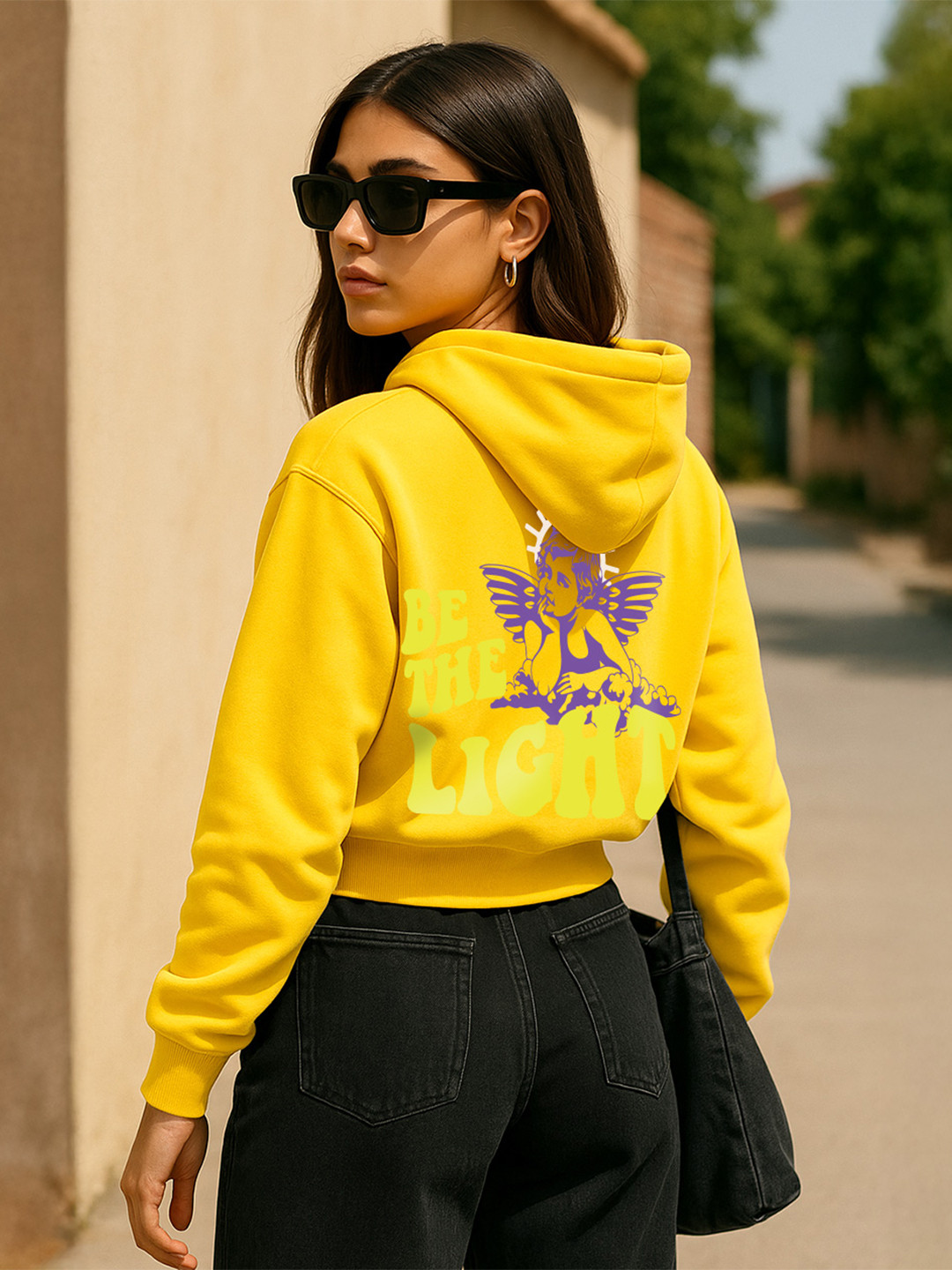 JUNEBERRY Women Yellow Printed Cotton Fleece Regular Fit Hooded Crop Pullover Sweatshirt