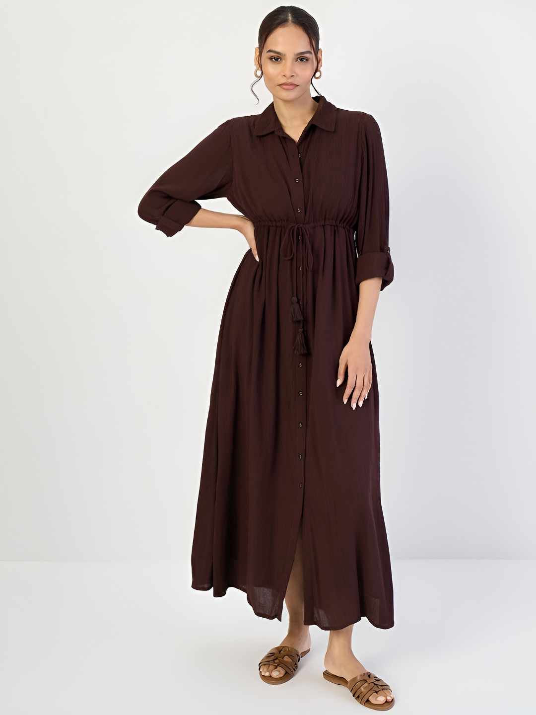 FEMMELLA Dress Crinkled Button Down Maxi Shirt Dress