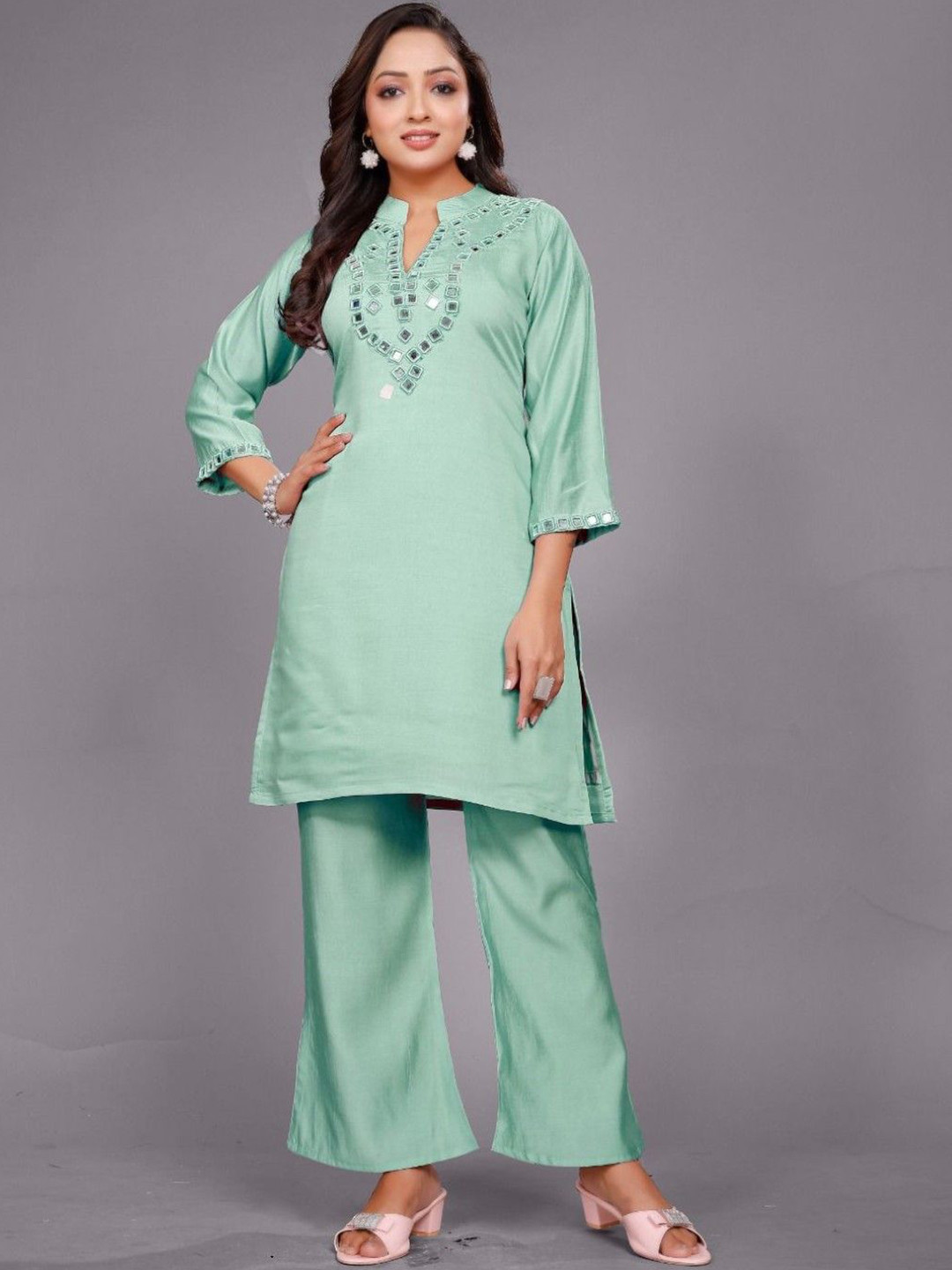 AUTUMN LANE Divya Pine Mirror Work Embellished Mandarin Collar Tunic With Trouser