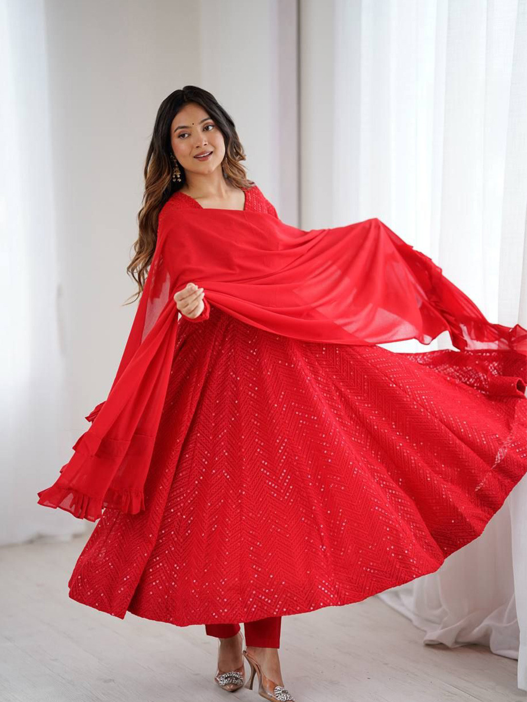 LABELKBBRAND Chevron Embroidered Sequinned Anarkali Kurta With Trousers & Dupatta