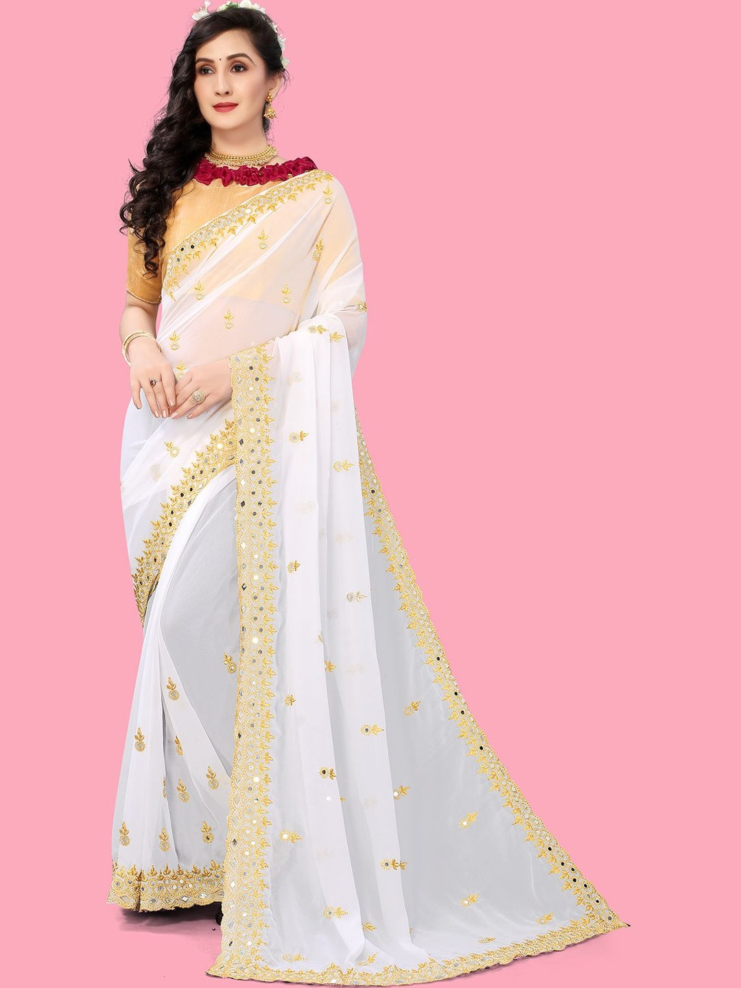 Prettyage Woven Design Mirror Work Poly Georgette Saree