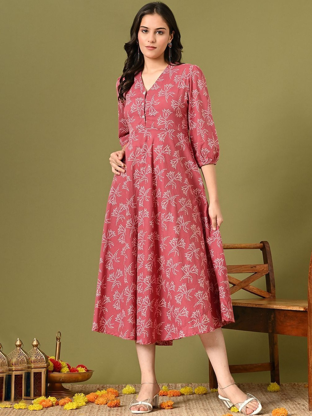 Sangria Women Floral Printed Cotton Flared Pocket A-Line Dresses