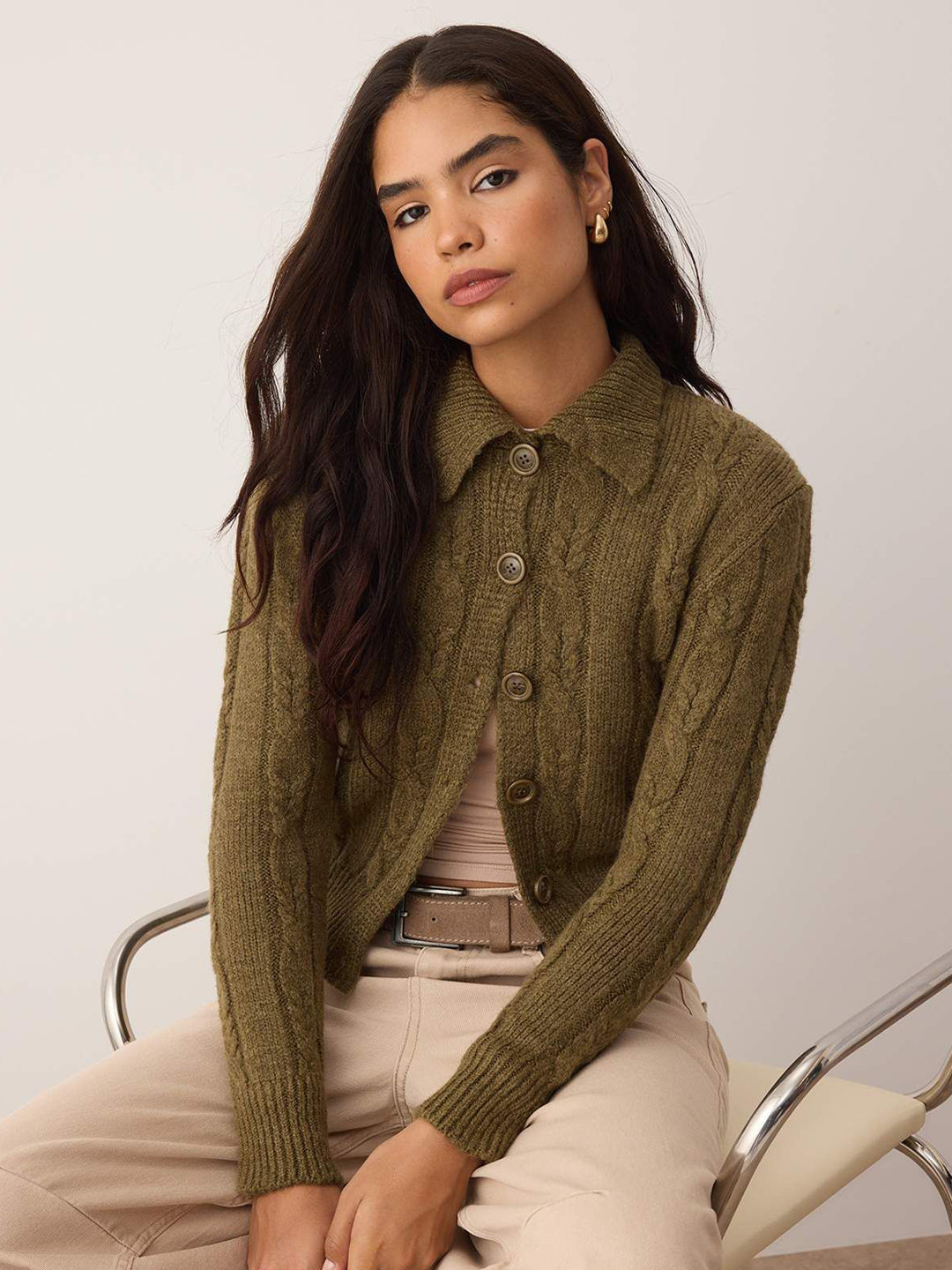 Trendyol Shirt Collar Cable Knit Cardigan