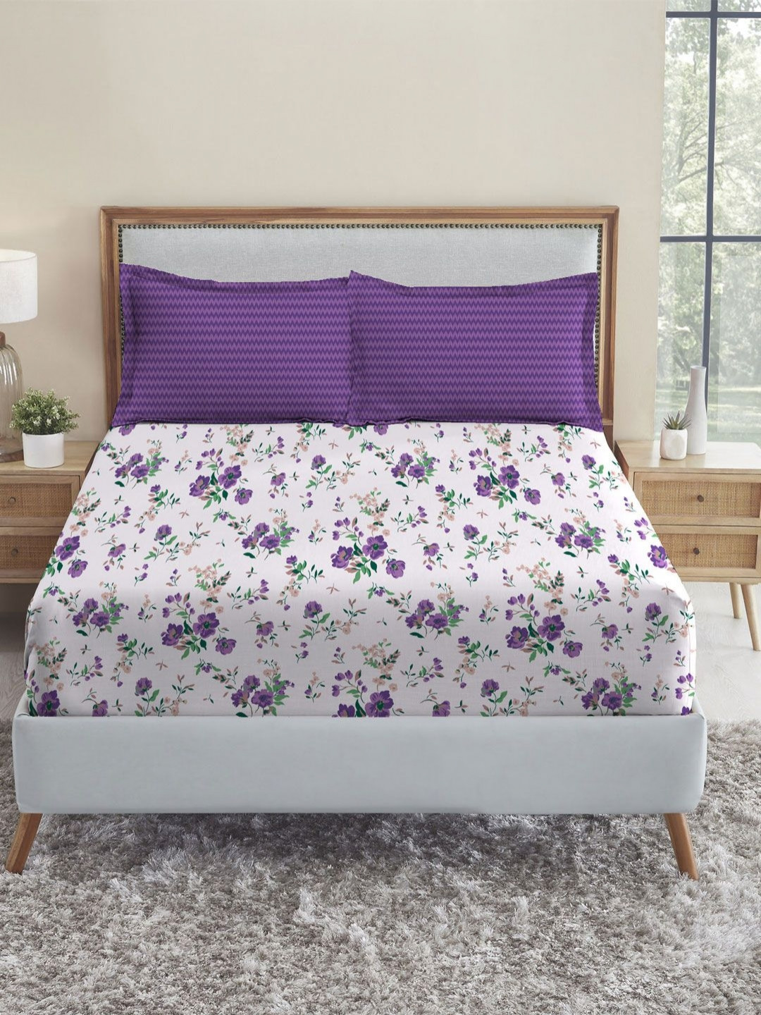 MYTRIDENT Urban Comfort Purple Printed Pure Cotton 144 TC Double Bedsheet Set 2.54 x 2.28m