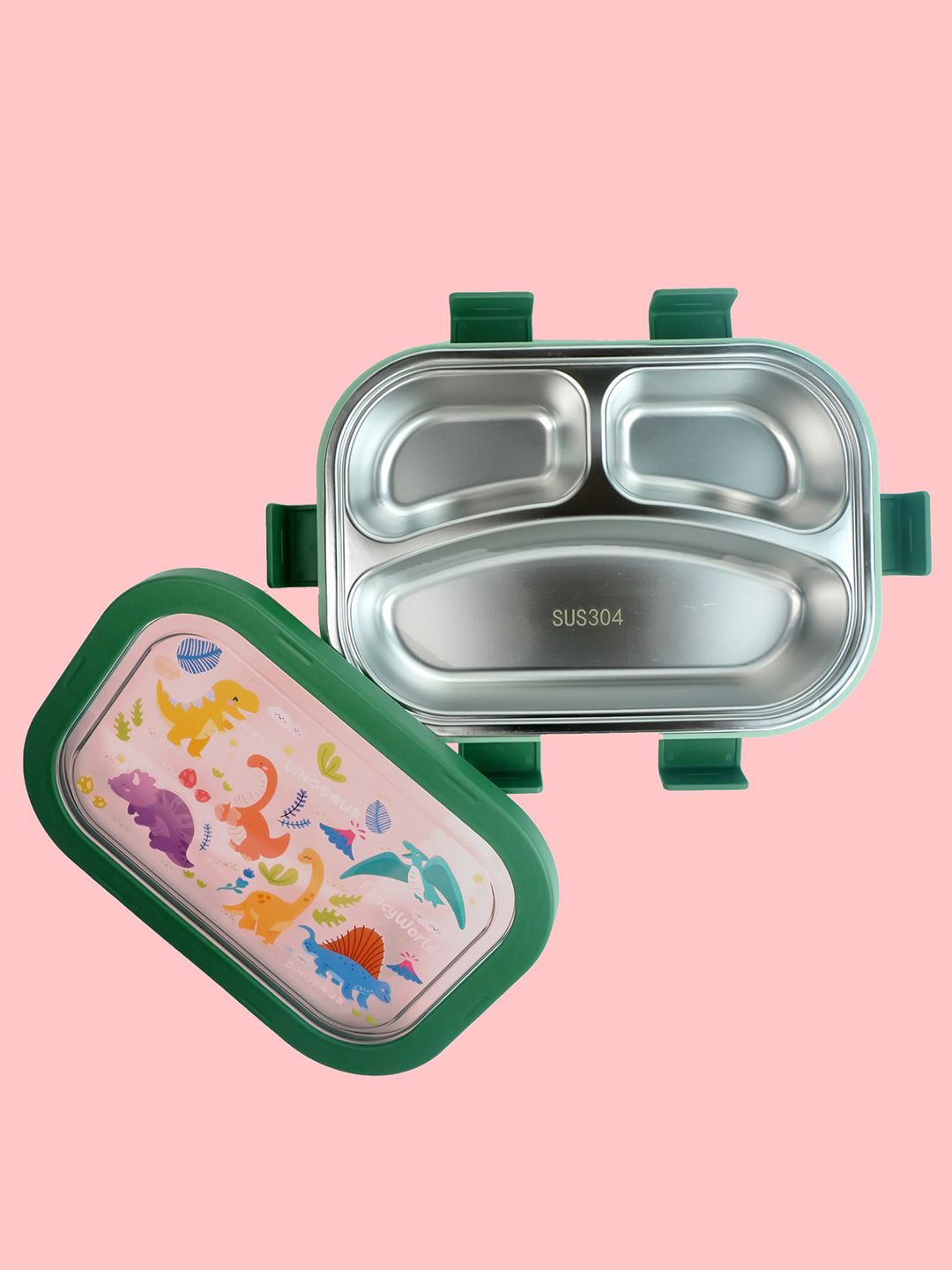 Little Surprise Box LLP Kids Green & Red 2 Pieces Dino Printed Lunch box With Lunch Bag