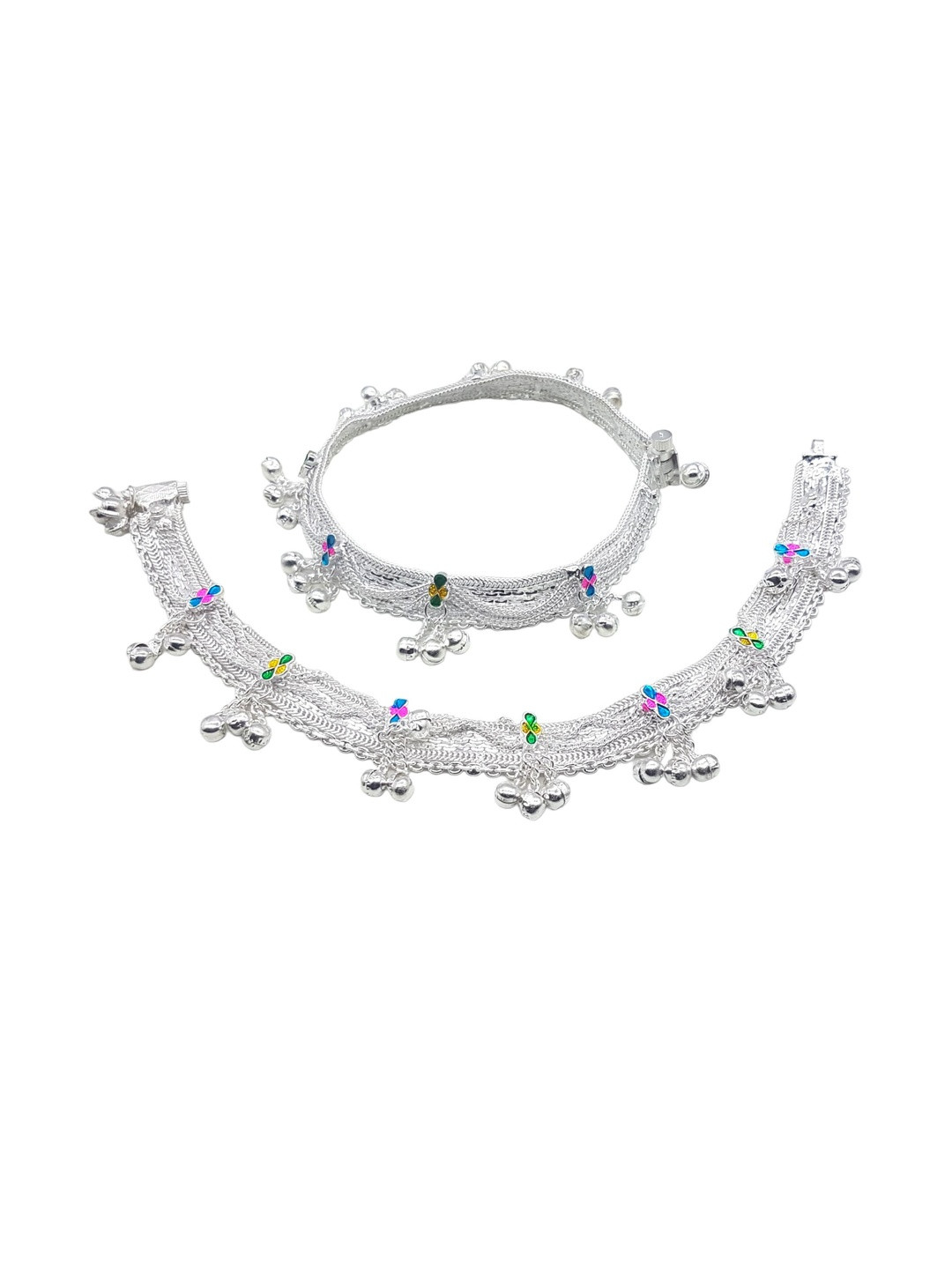 BR Ornaments Silver-Plated Meenakari With Ghoongru Anklet