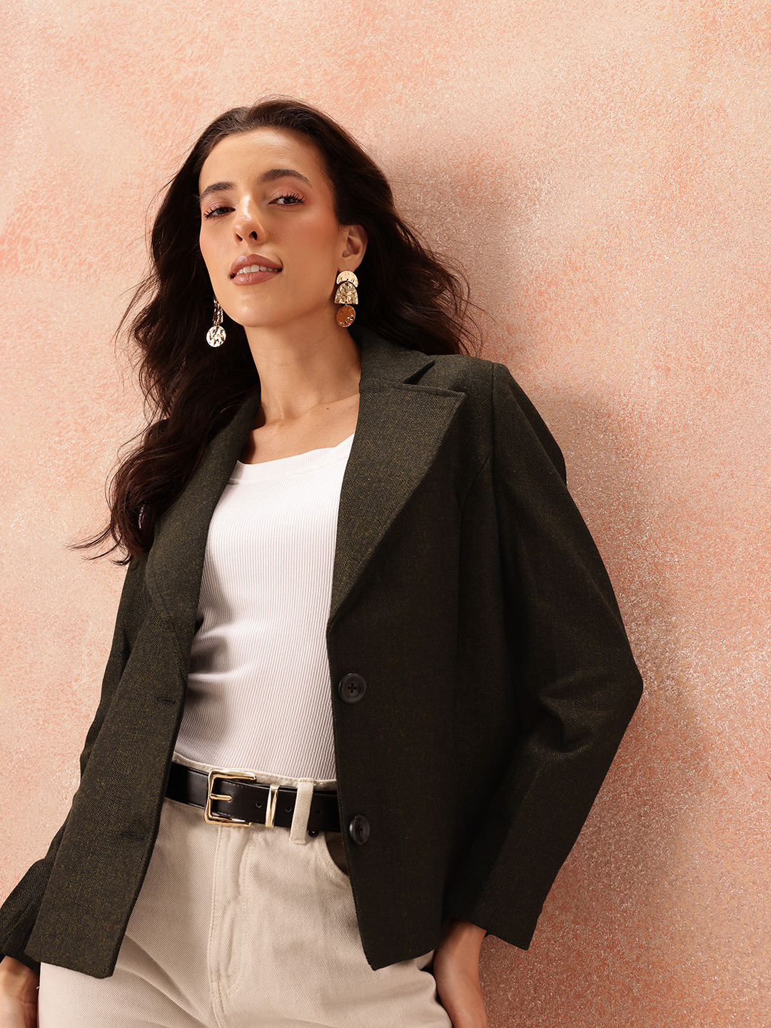 all about you Herringbone Weave Single-Breasted Blazer