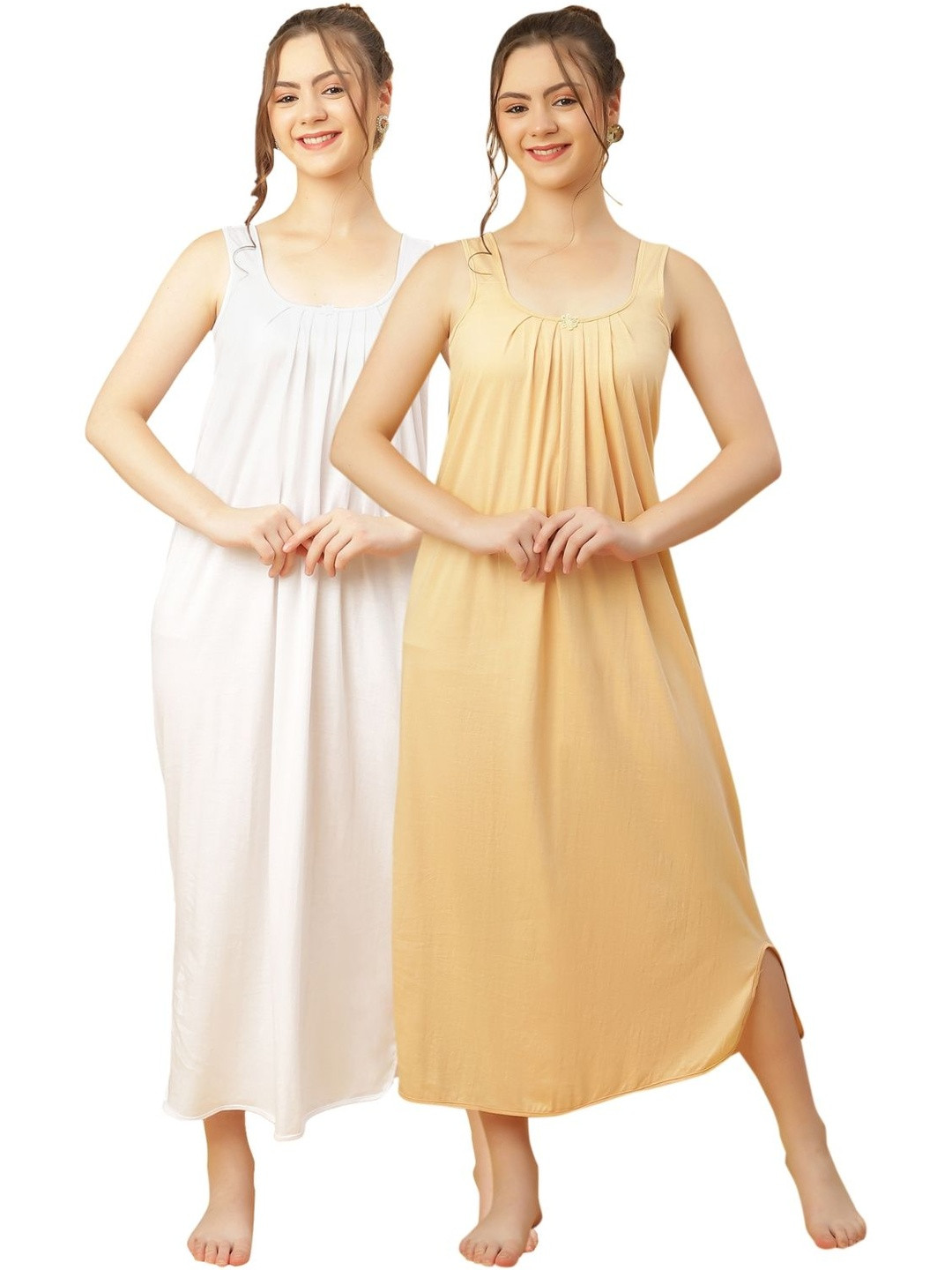 GANIX FASHION THAT DEFINE YOU Women 2 Pcs Beige & White Round Neck Cotton Maxi Nightdress