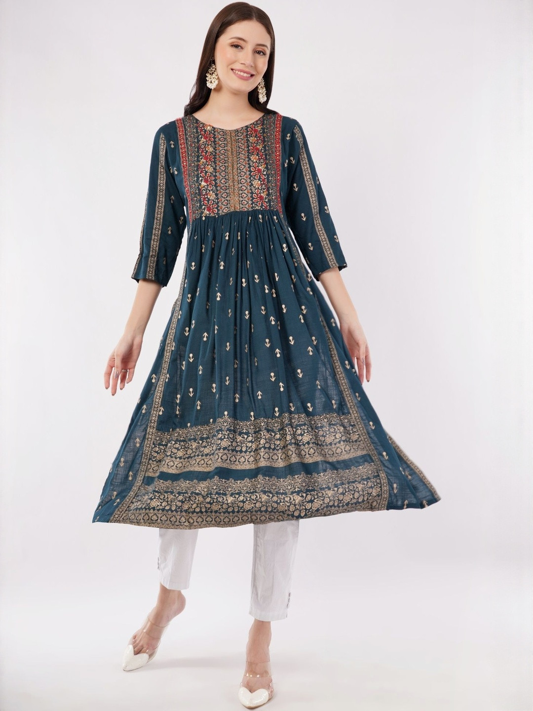 TRUE SISTERS Women Ethnic Motifs Printed Embroidered A-Line Midi Dress