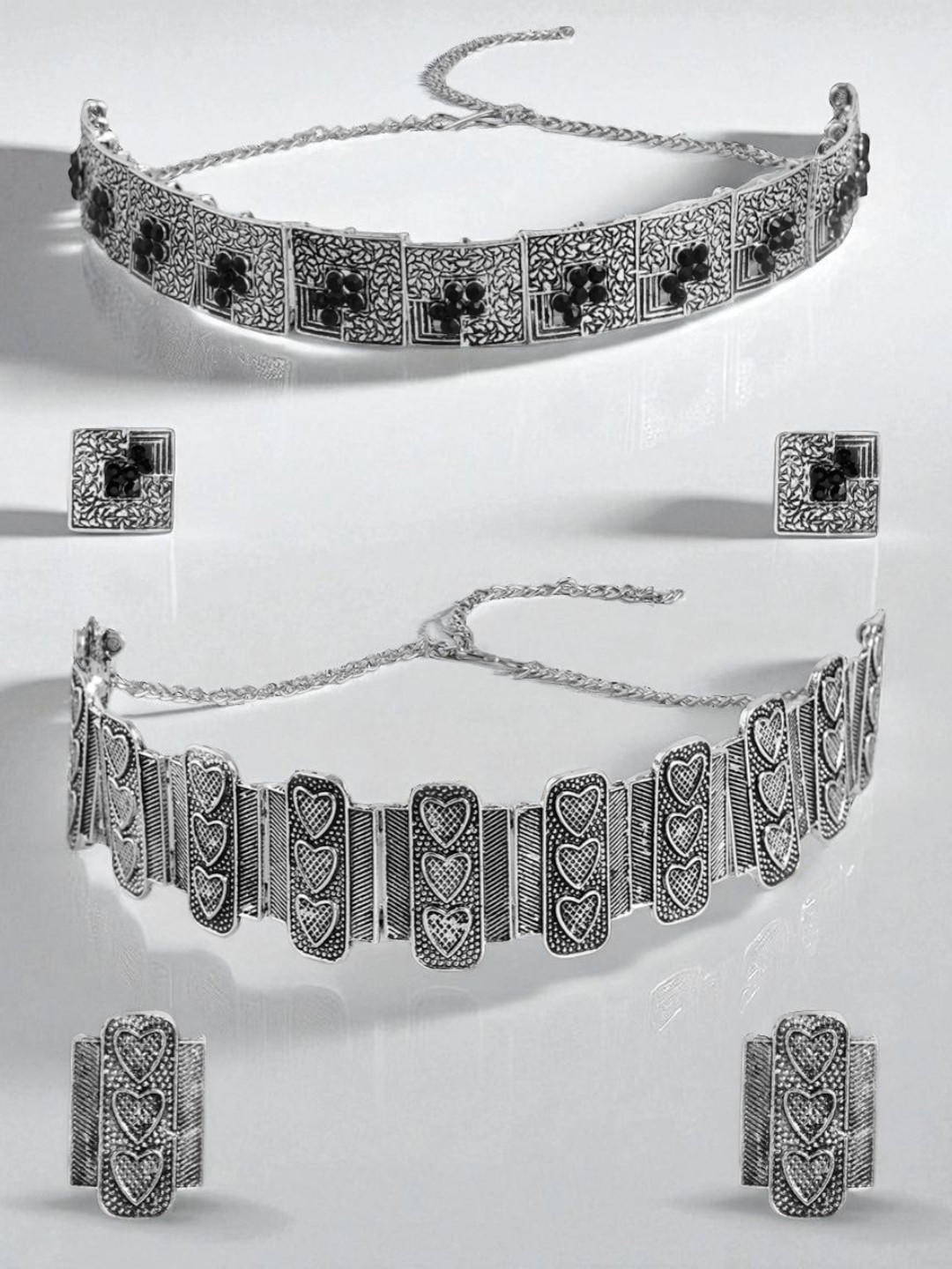 Kord Store Set of 2 Silver-Toned Oxidised Choker Jewellery Sets