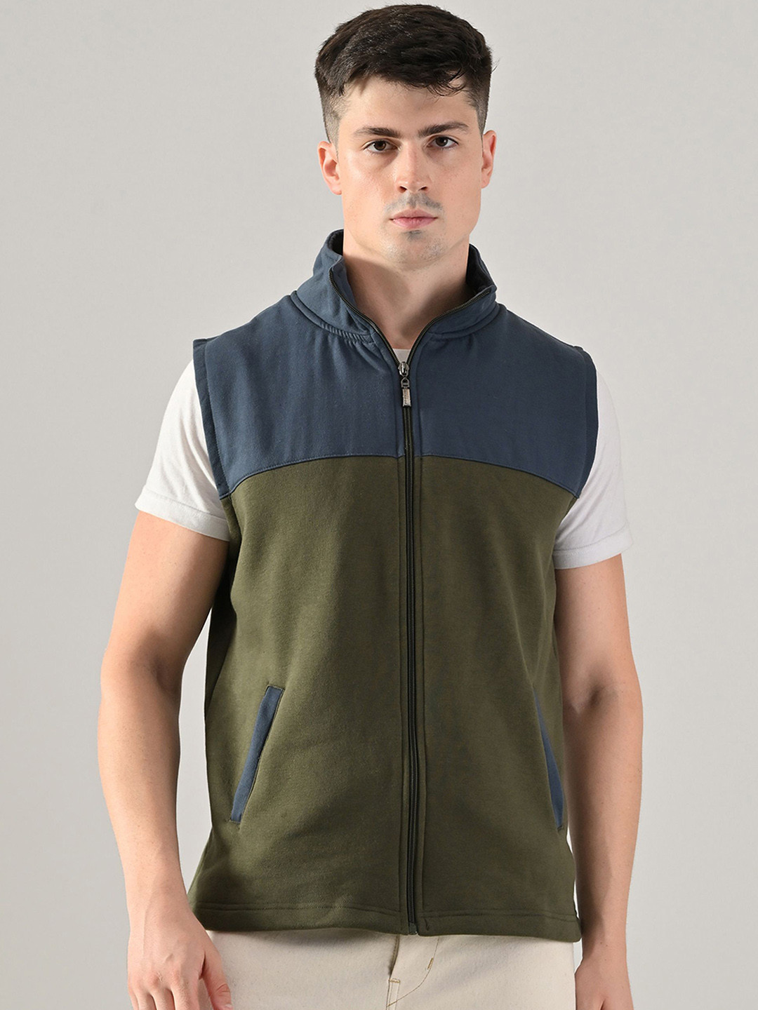 BAESD Fleece Colourblocked Stand Collar Lightweight Open Front Jacket