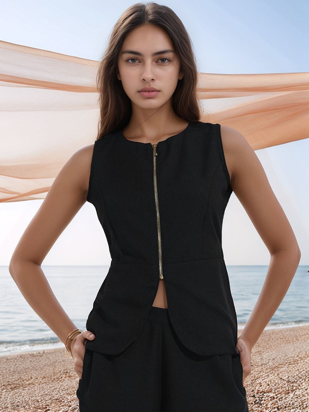 all about you Women Round Neck Front Zipper Detail Top