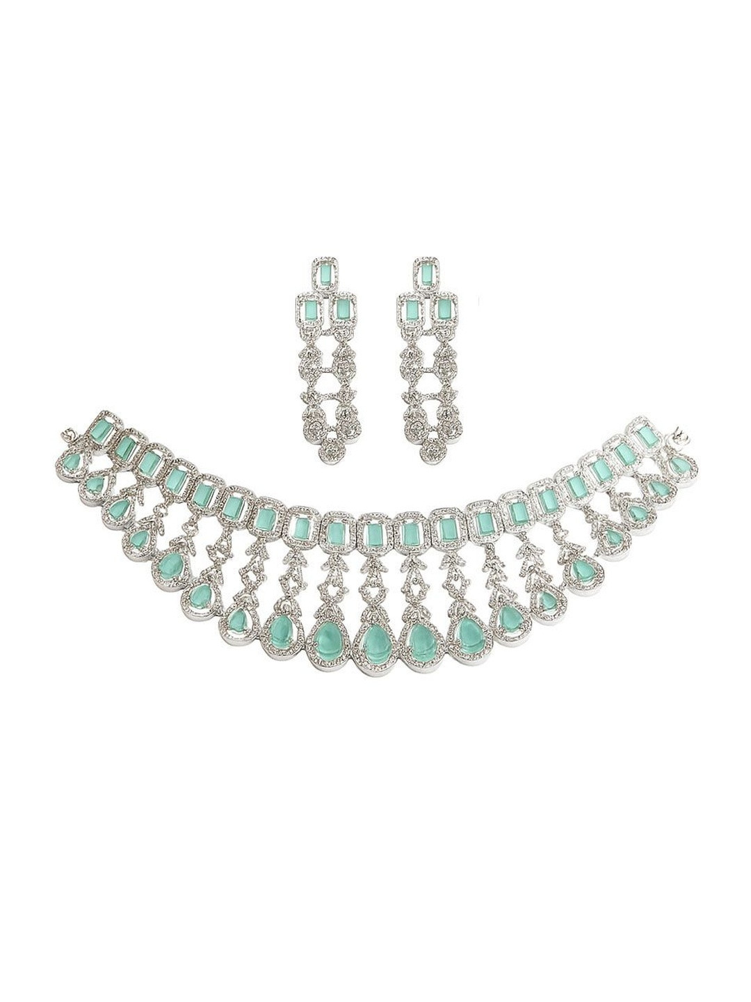 DENICRAAS Women Lime Green American Diamond Silver-Plated Stainless Steel Jewellery Set