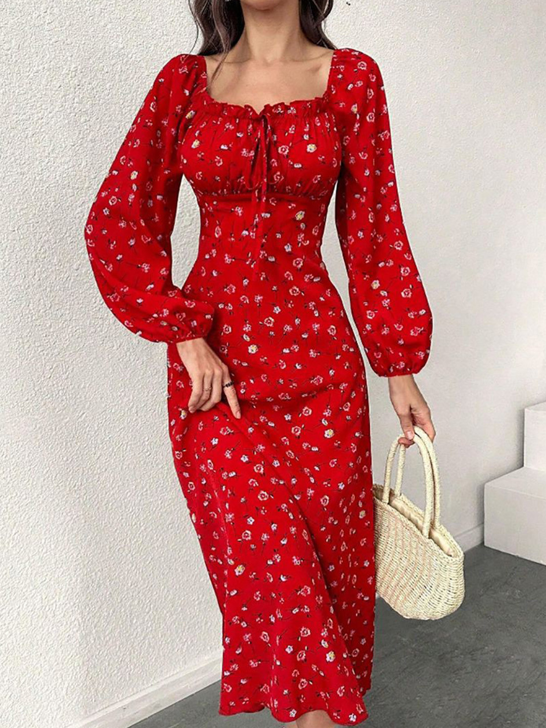 StyleCast x Revolte Polka Dot Print Tie-Up Neck A-Line Midi Dress