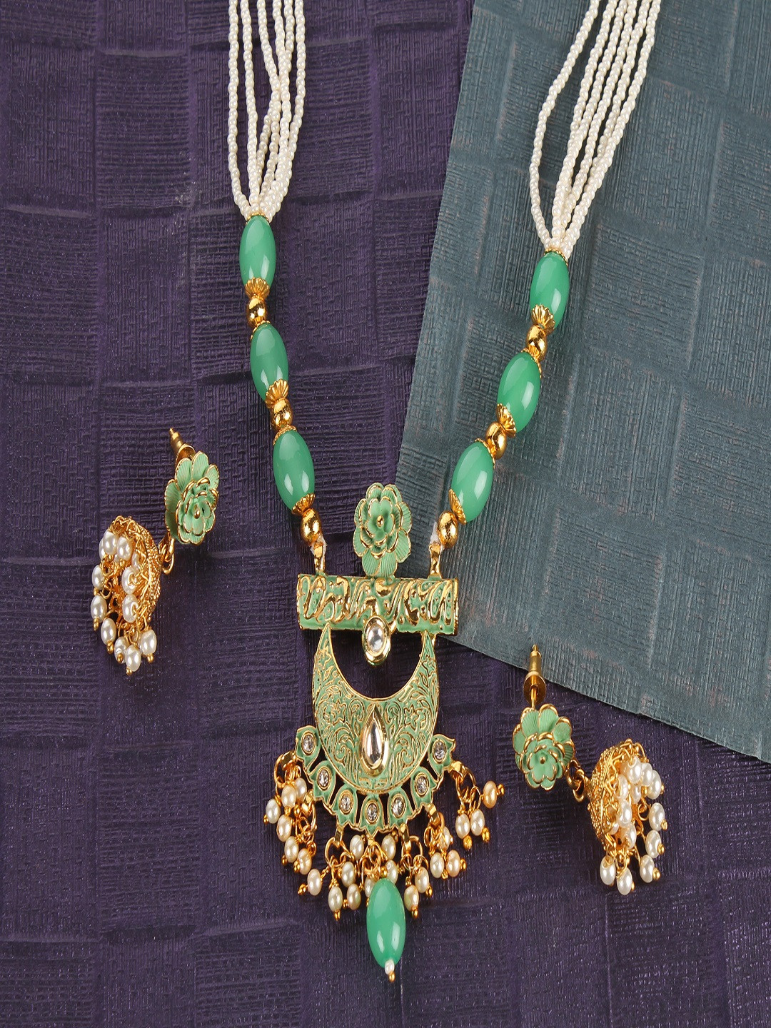 Kord Store Green Gold Plated Chand Shape Lariyat Haram Necklace & Jhumka Earrings Set