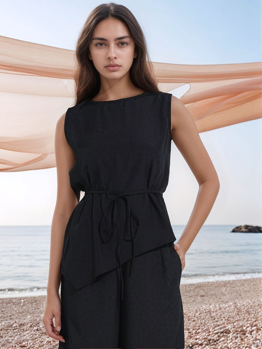 all about you Boat Neck Waist Tie-Up Asymmetric Hem Top