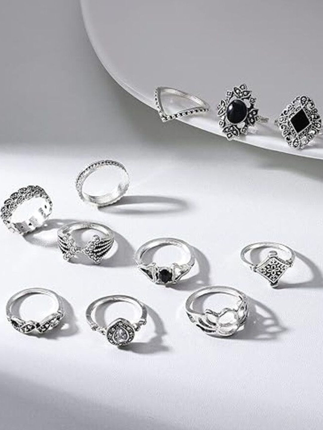 DressBerry Set of 15 Silver Plated Oxidised Floral Design Ring Set
