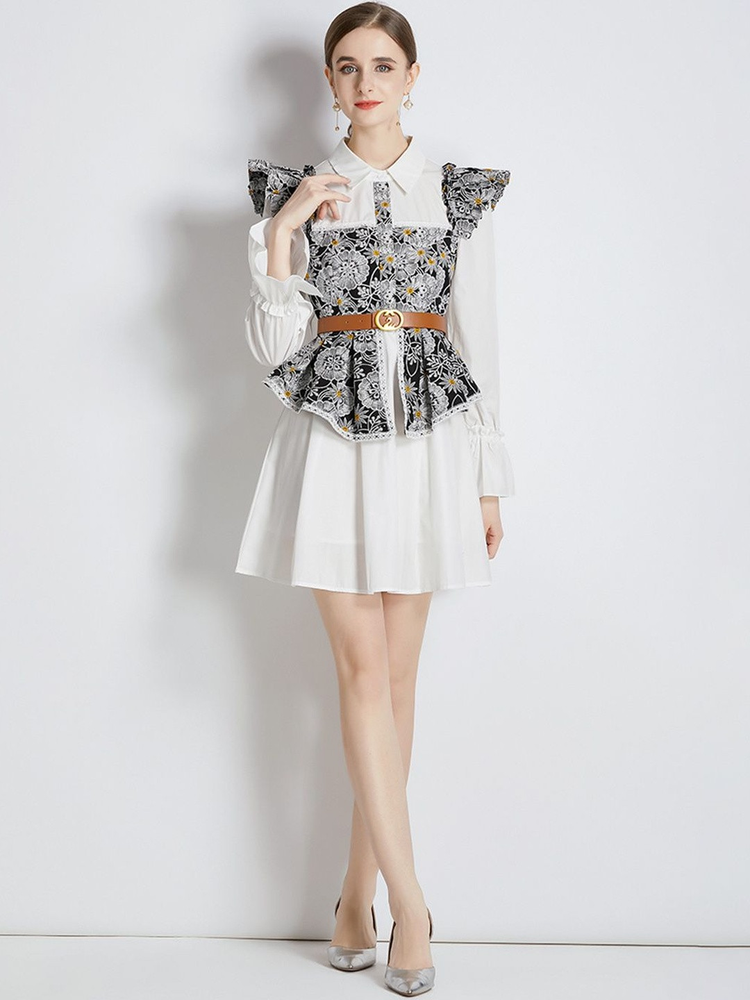 JC Collection Women Floral Printed Shirt Collar Flutter Sleeves Fit and Flare Dress