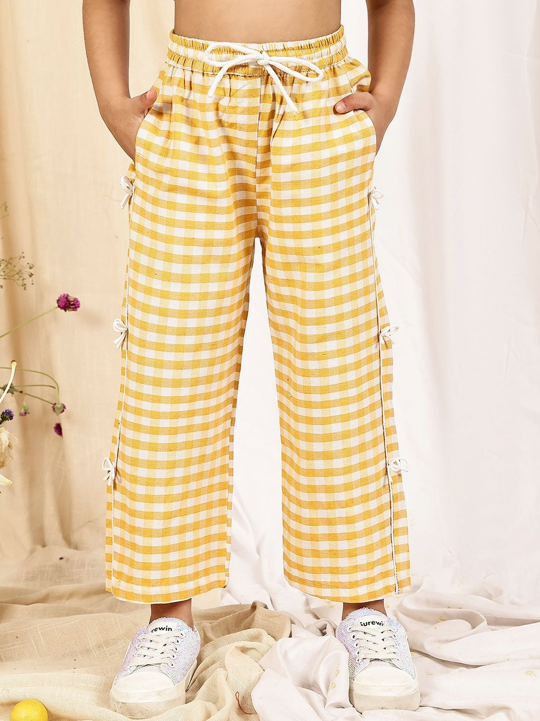 YK Girls Yellow and White Gingham Check Wide Leg Trousers