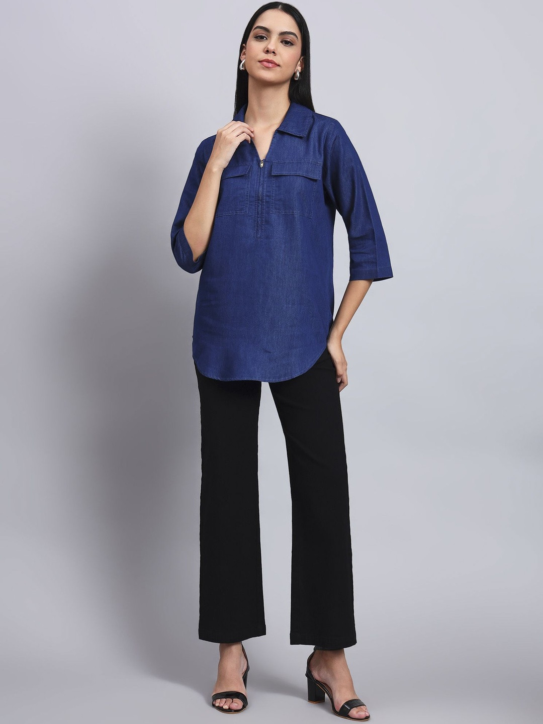 R.Code by The Roadster Life Co. Women Solid Shirt Collar Cotton Pocket Style Top